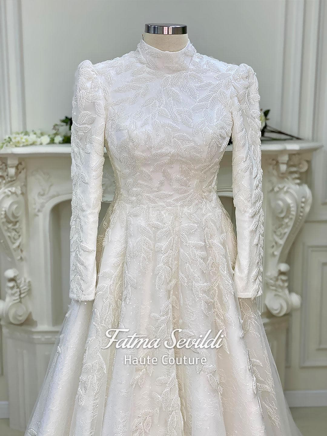 Hijab Wedding Dress, Beaded 3D Lace A-Line, High Neck Long Sleeve Modest Gown - image 5