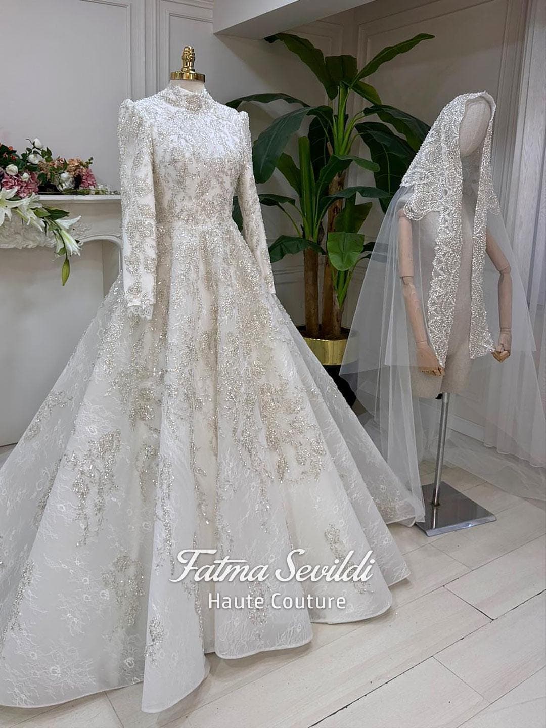 Modest Wedding Dress, Beaded Lace Hijab Bridal Gown, Full Skirt, Veiled