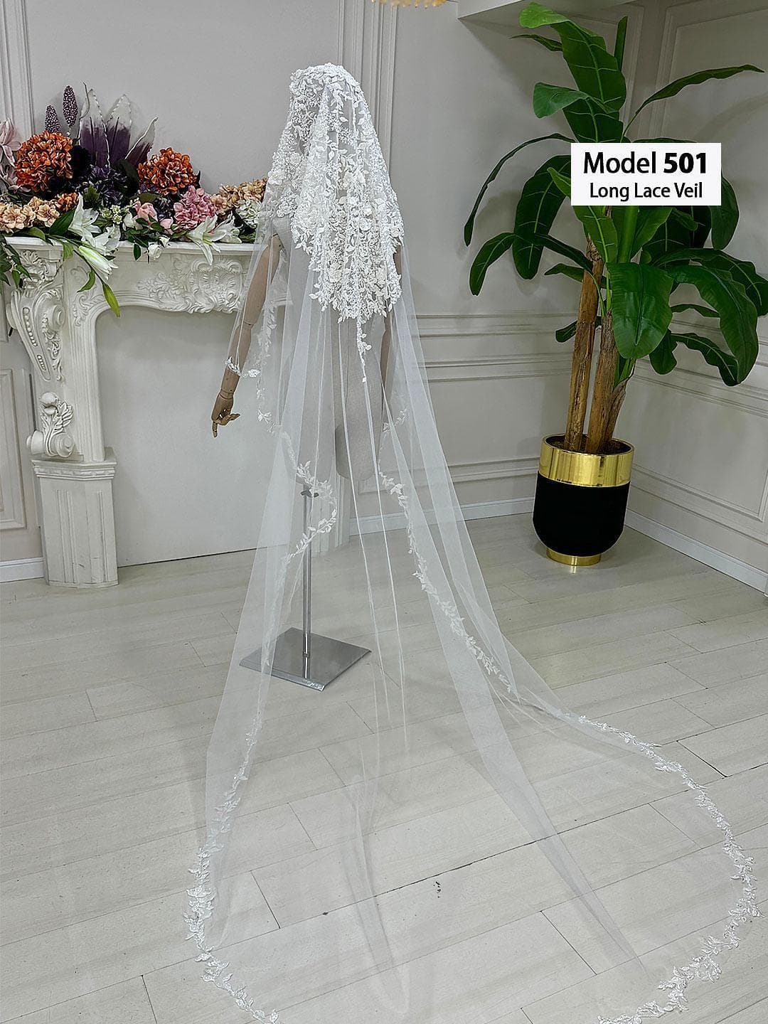 Beaded lace edge cathedral wedding veil in mantilla style on soft premium tulle with hand-sewn appliqué. Hijab-friendly option available, choose 2m or 3m length.