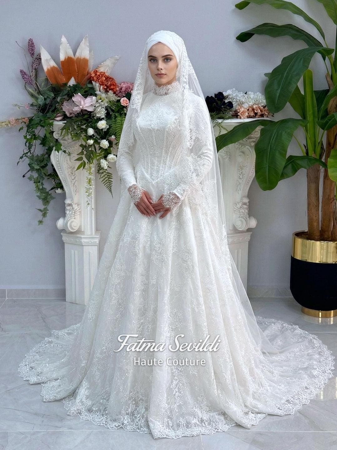 Muslim Basque Wedding Dress with Hijab, High Neck Long Sleeve, Lace A-Line, Corset Bodice - image 3
