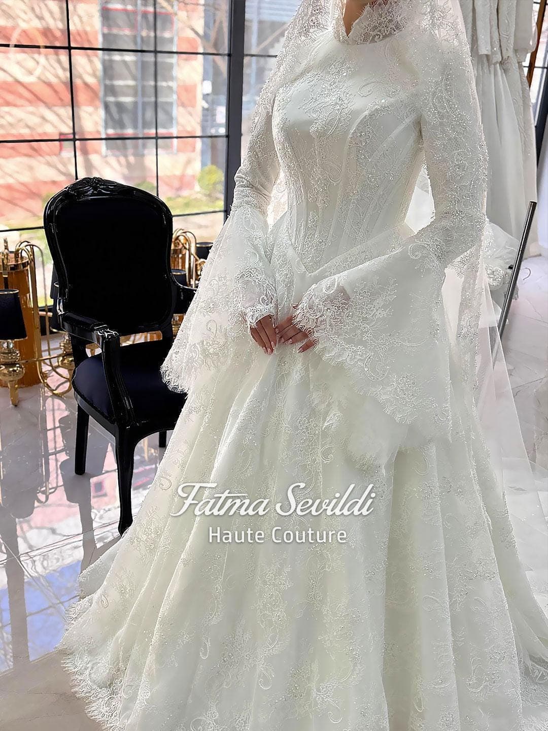 Muslim Hijab Wedding Dress, Basque Corset Bodice, Bell Sleeves, Beaded Lace Gown