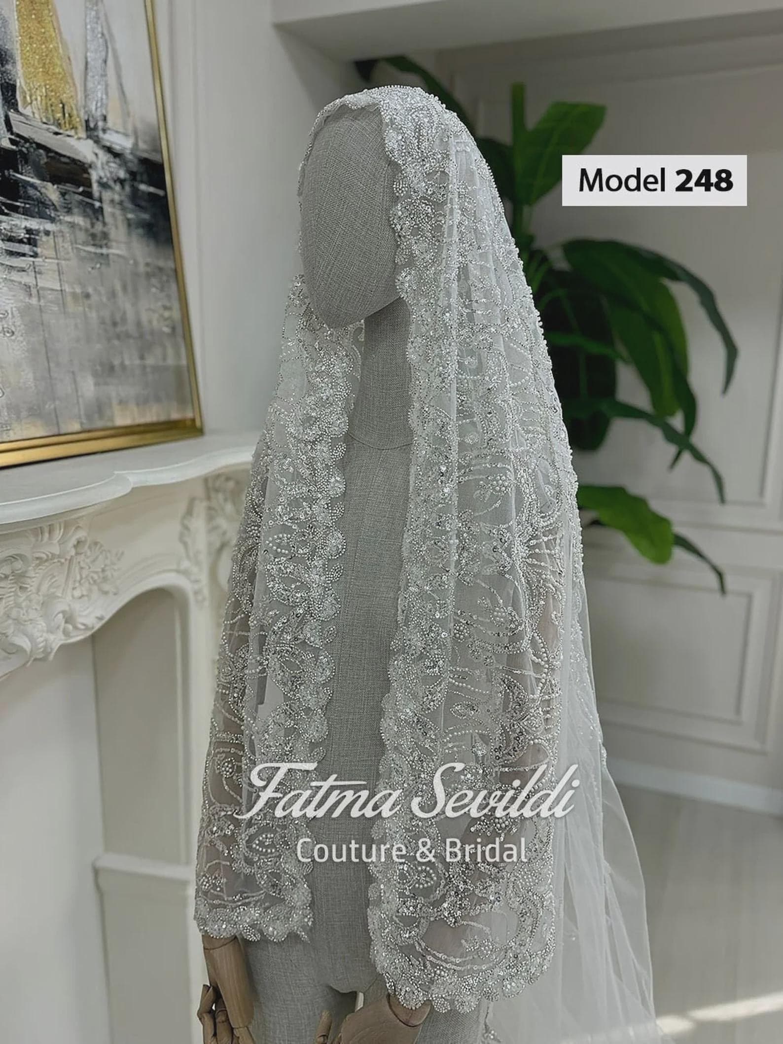 Lace Edge Cathedral Bridal Veil, Hand-Sewn Beaded Lace Mantilla Frame, Hijab Modest Style V13