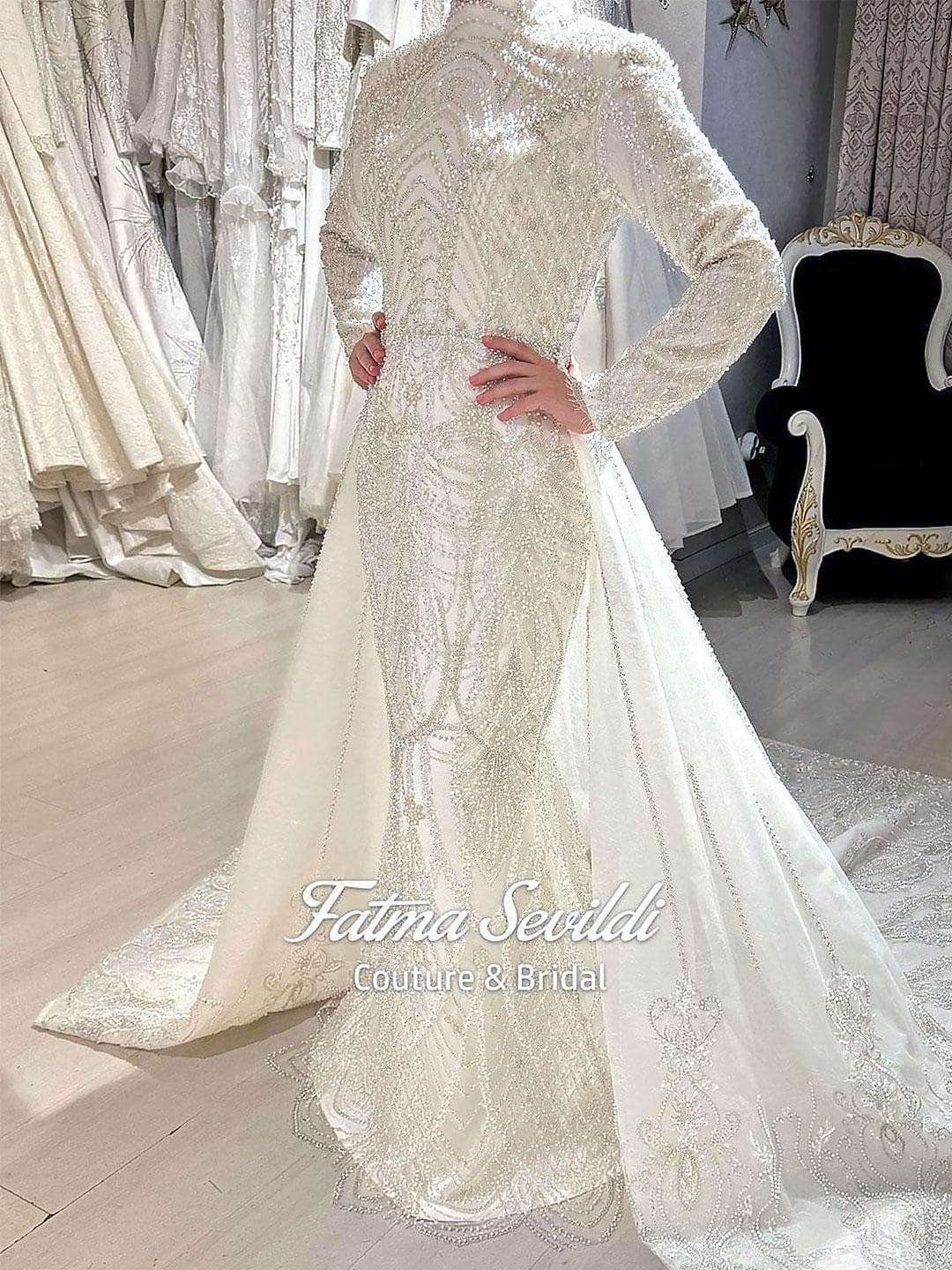 Mermaid Beaded Lace Muslim Wedding Dress with Hijab, Custom Made Ball Gown