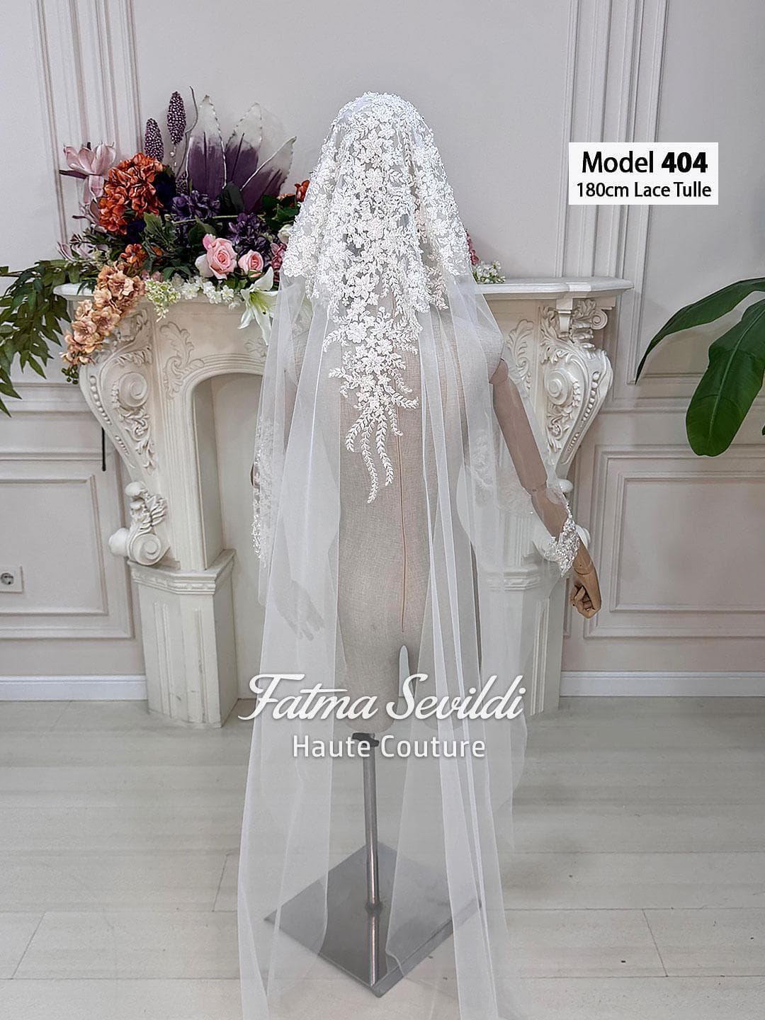 Beaded lace hijab wedding veil on soft premium tulle, modest bridal style from fingertip to waltz length. Optional hijab head set and comb choice available.