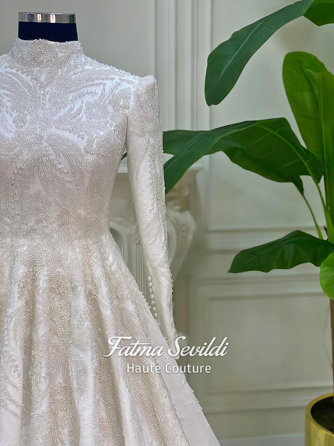 Muslim Wedding Dress with Hijab, Beaded Lace A-Line, High Neck Long Sleeve, Custom Made - image 5