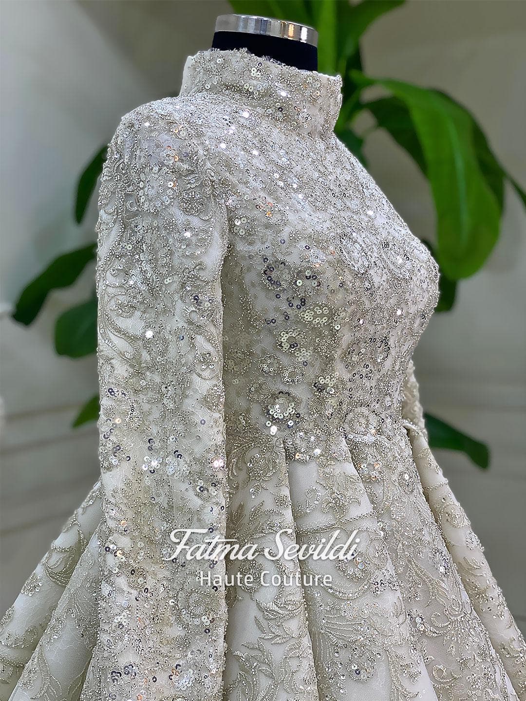 Muslim Wedding Dress with Hijab, Beaded Lace High Neck Long Sleeve Princess Gown, Custom - image 3
