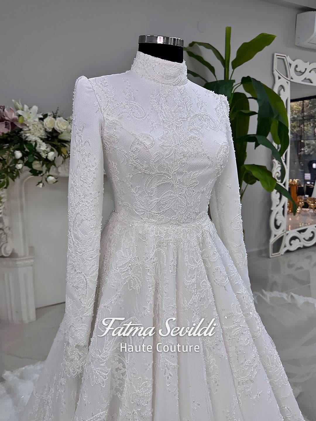 Fatma Sevildi Haute Couture hijab wedding dress, modest bridal gown with long sleeves, lace and beaded details, custom made Muslim wedding dress