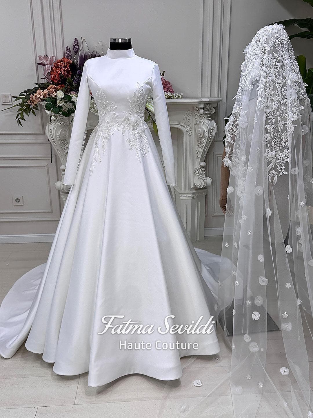 Veiled hijab wedding dress with 3D floral beaded lace, high neck and long sleeves, custom-made modest bridal gown.
