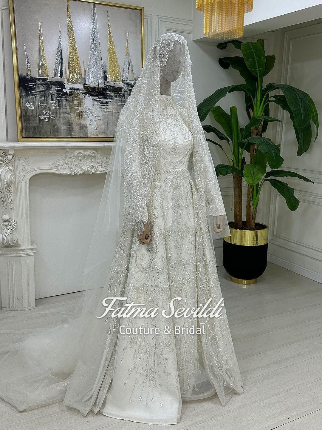 Muslim Wedding Dress with Hijab, High Neck Beaded Lace Long Sleeve A-Line Gown