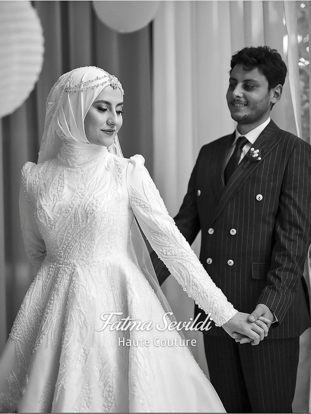 Luxury Hijab Wedding Dress, High Neck Long Sleeve Beaded Satin A-Line Gown