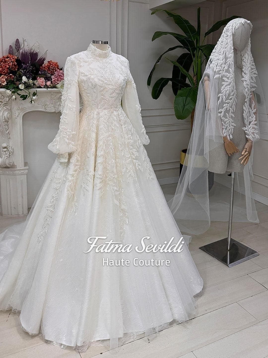Muslim Wedding Dress with Hijab, Beaded Lace High Neck Long Sleeve Couture Ballgown