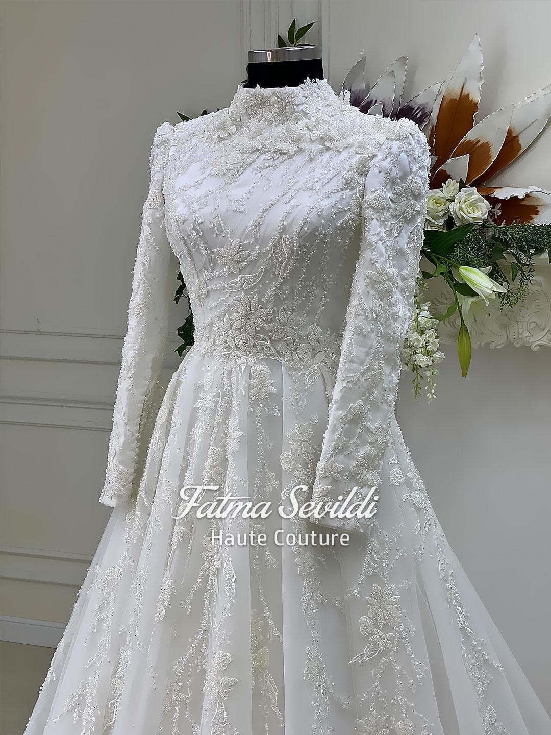 Veiled Muslim Wedding Dress, High Neck Beaded Lace, Long Sleeve Elegant Modest A-Line Gown