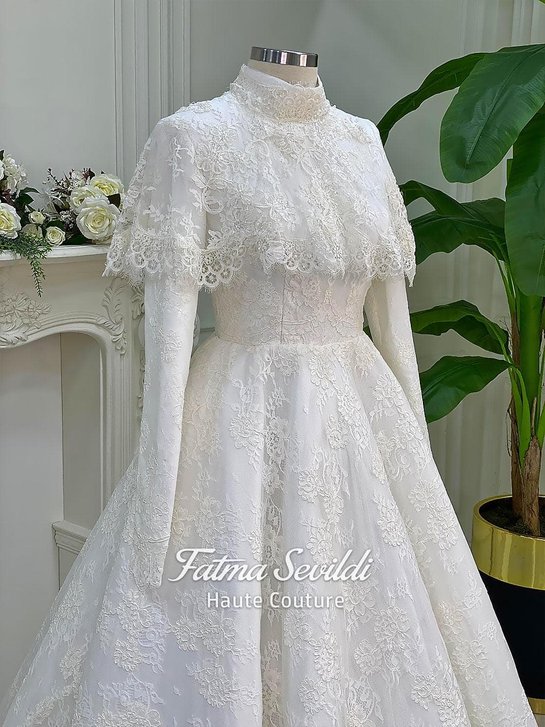 Luxury Hijab Wedding Dress, Veiled Lace Ball Gown, High Neck Long Sleeve Couture - image 4