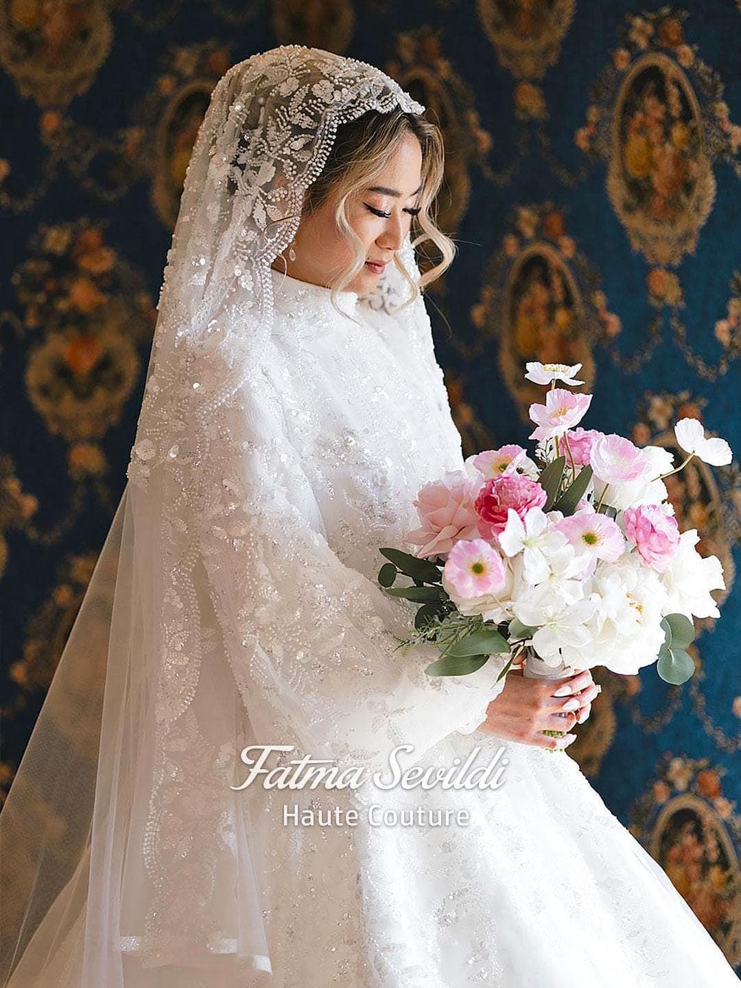 Modest Beaded Lace Wedding Dress with Hijab, Haute Couture Muslim Bridal Gown