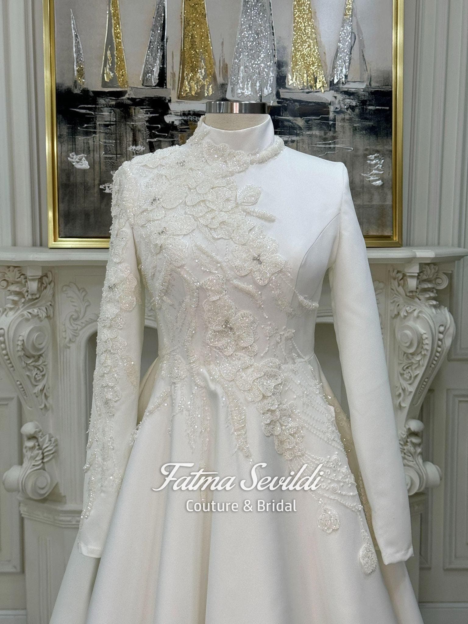 Veiled hijab wedding dress in luminous satin with high neck and long sleeves, custom made with corsetry for a luxury modest ballgown silhouette. Includes a premium lace veil for a complete Muslim bridal set.
