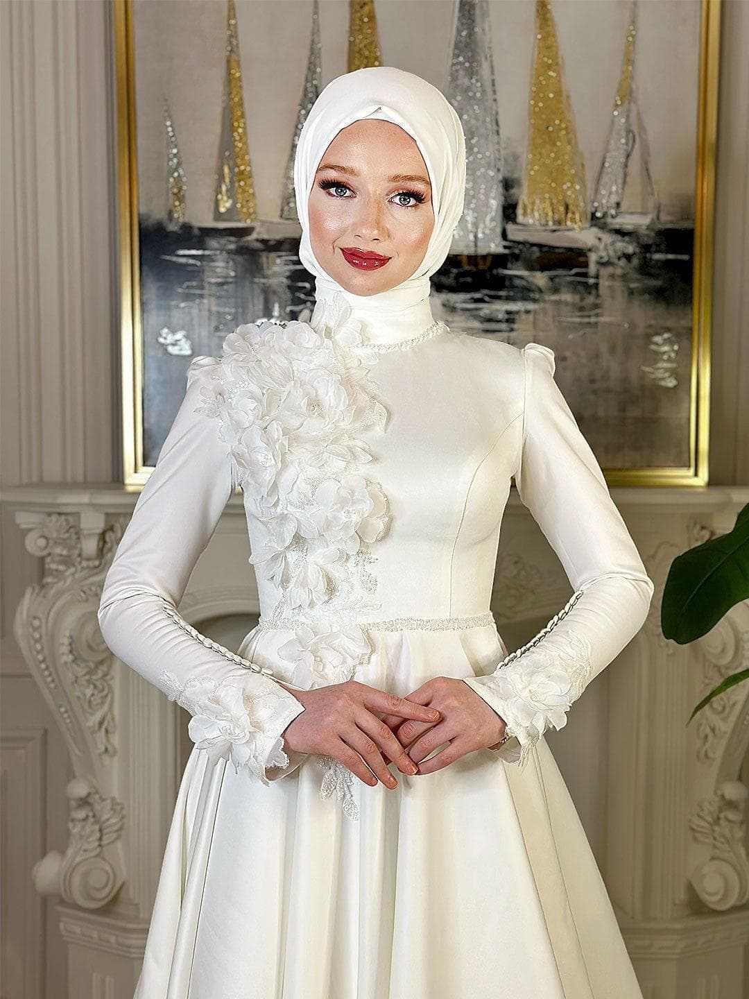Elegant satin hijab wedding dress with long sleeves and high neck, featuring 3D floral beaded lace appliqué on an A-line modest bridal gown. Custom made for full coverage Muslim bride style.