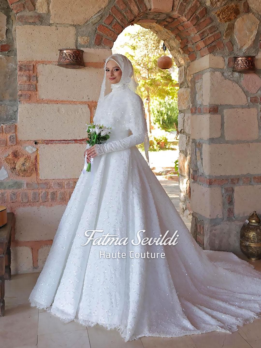 Muslim Wedding Dress with Hijab, Beaded Lace High Neck Long Sleeve A-Line Cape Set
