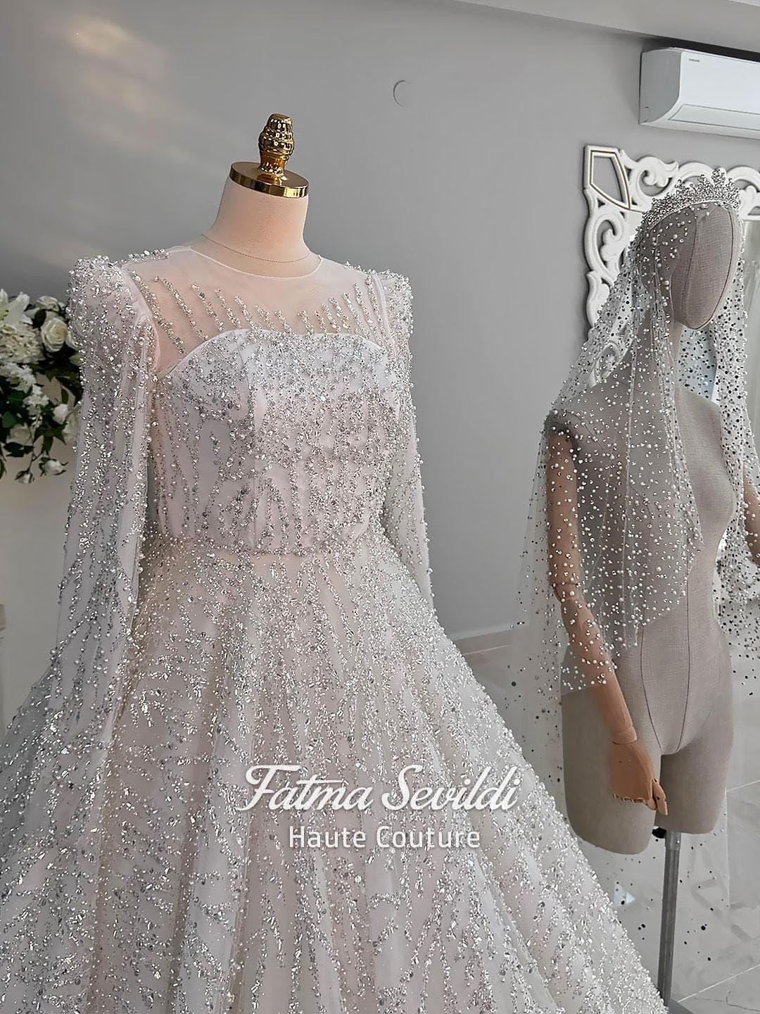 Fatma Sevildi Haute Couture hijab wedding dress, modest bridal gown with long sleeves, lace and beaded details, custom made Muslim wedding dress