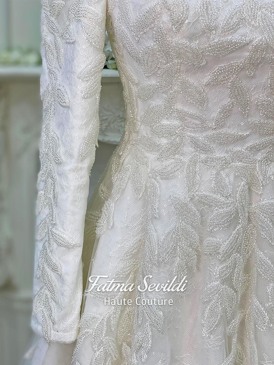 Hijab Wedding Dress, Beaded 3D Lace A-Line, High Neck Long Sleeve Modest Gown - image 4