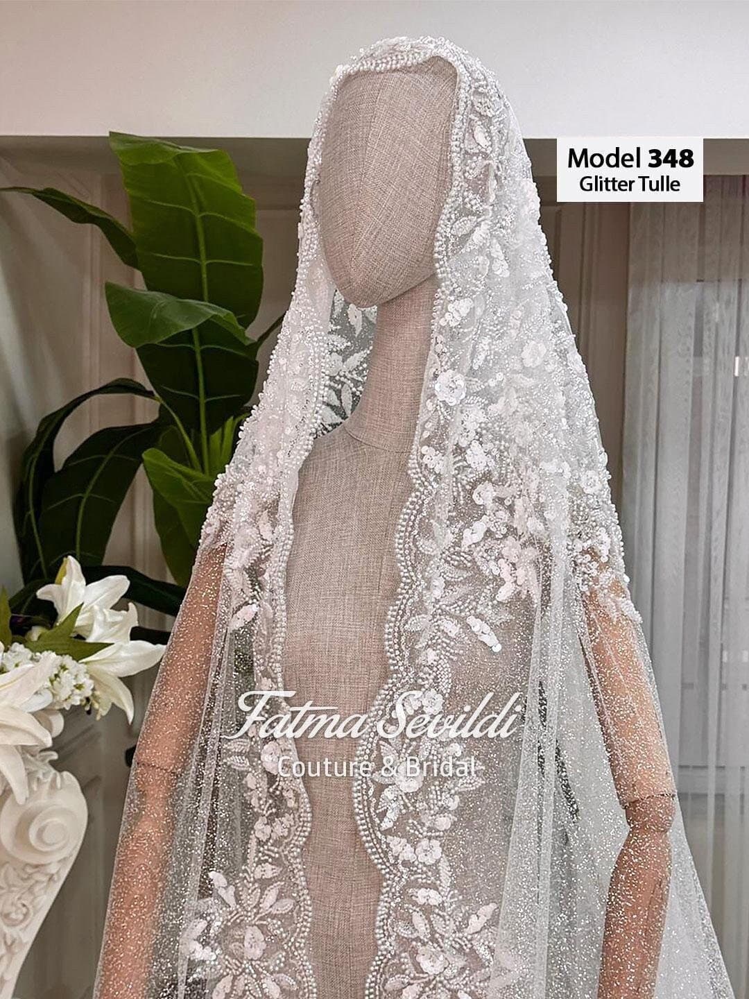 Glitter Cathedral Wedding Veil, Beaded Lace Mantilla Edge, Hijab Option, Hand-Sewn Appliqué