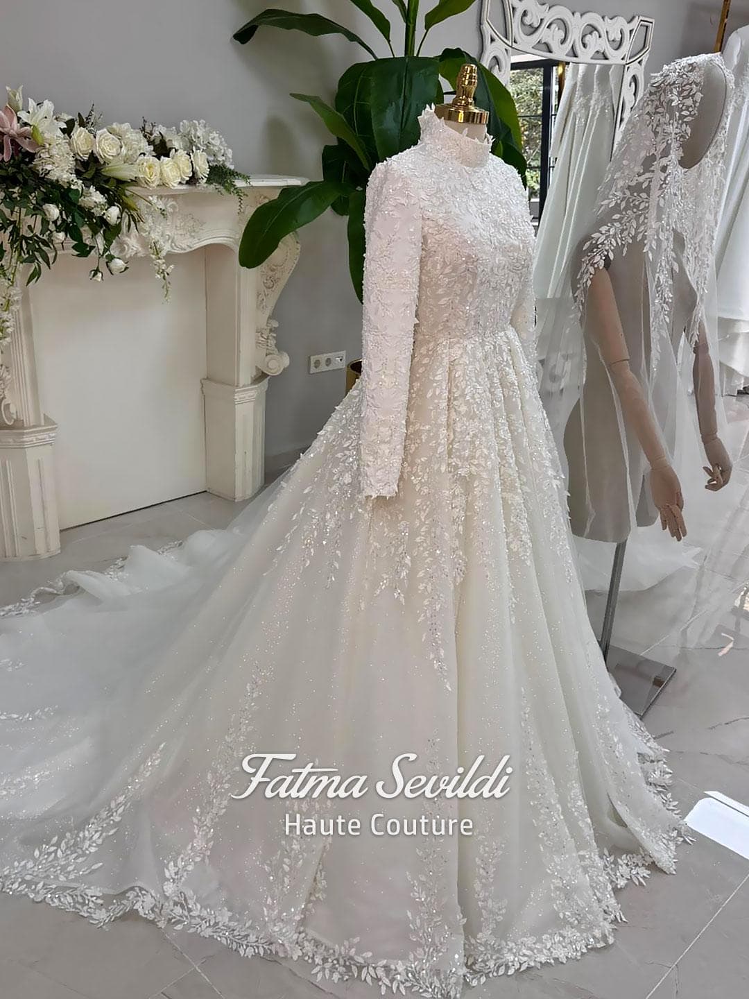 Muslim Wedding Dress with Hijab, Glitter Tulle Ballgown, High Neck Long Sleeve, Custom Made - image 4