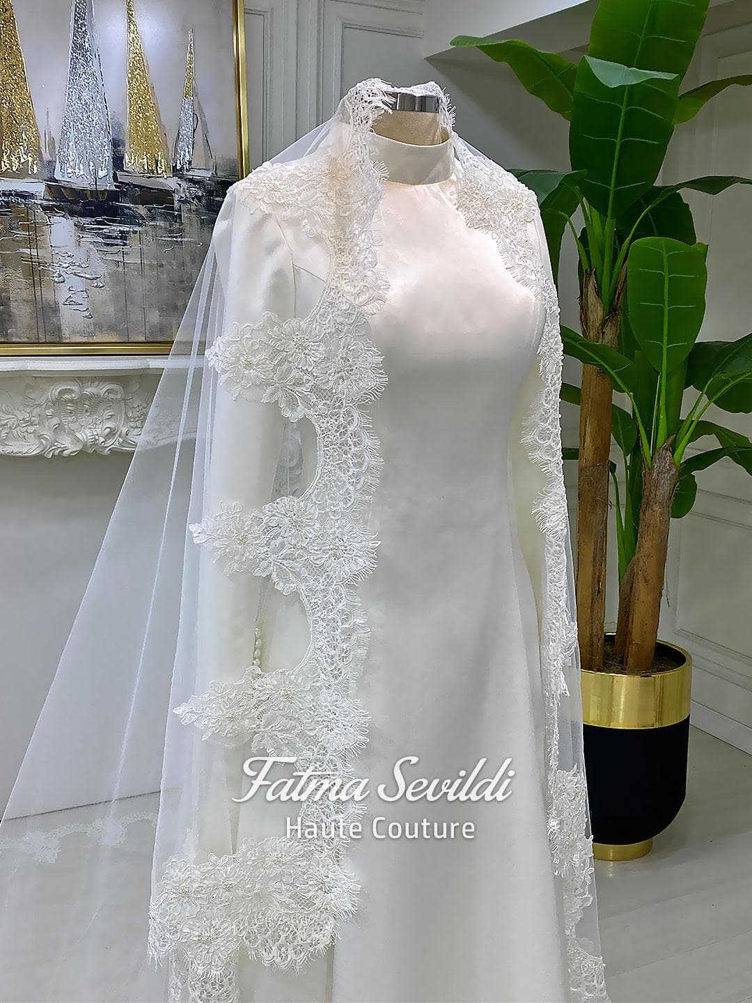 Veiled Satin Hijab Wedding Dress, High Neck Long Sleeve A-Line Modest Nikkah Gown - image 3