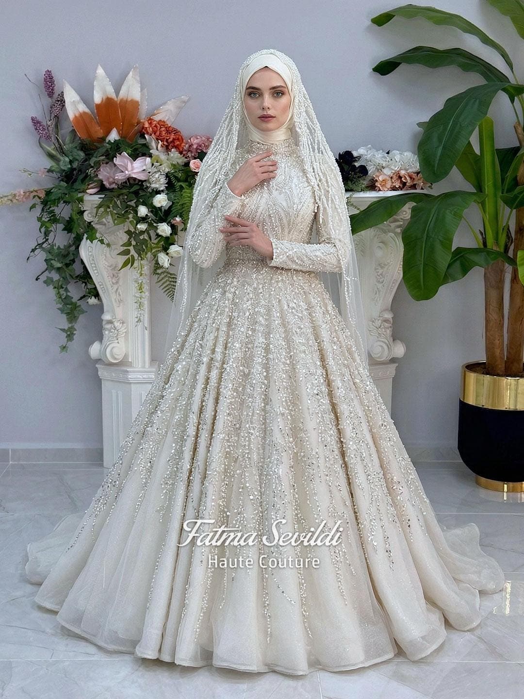Luxury Hijab Wedding Dress, Veiled Beaded A-Line High Neck Long Sleeve Gown, Islamic Bridal