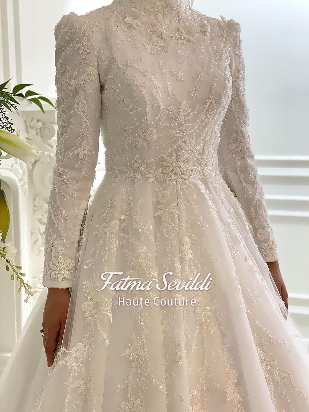 Veiled Muslim Wedding Dress, High Neck Beaded Lace, Long Sleeve Elegant Modest A-Line Gown