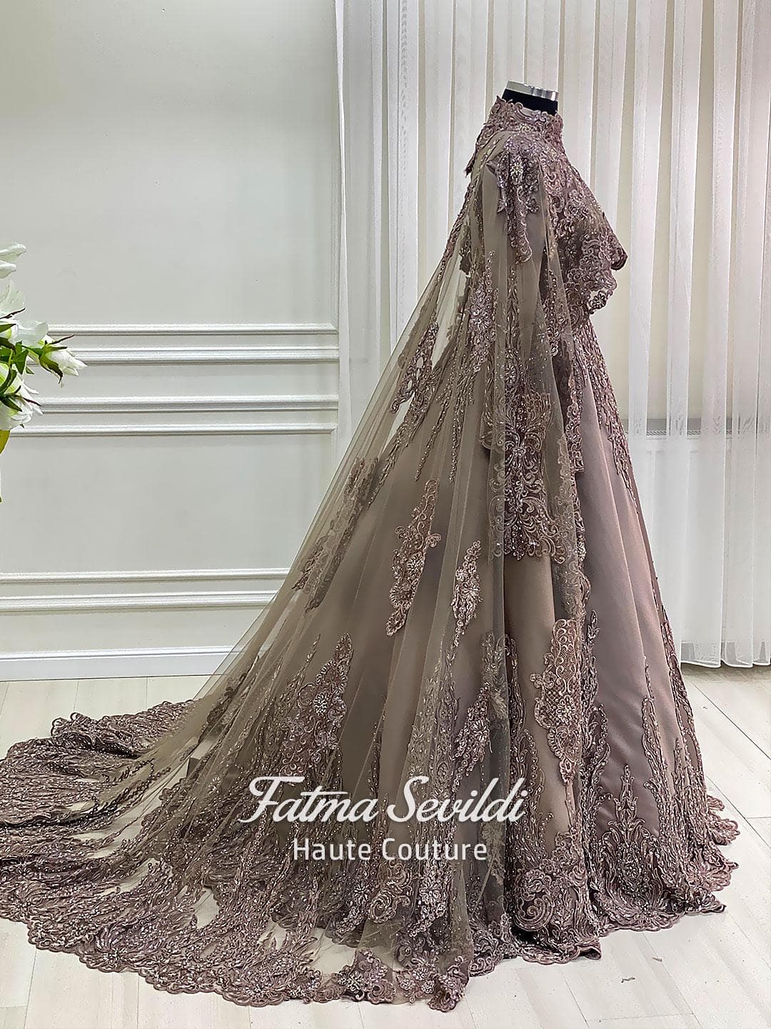 Hijab Engagement Dress with Long Cloak, Beaded Lace Ballgown, Custom Hijab Bridal - image 4