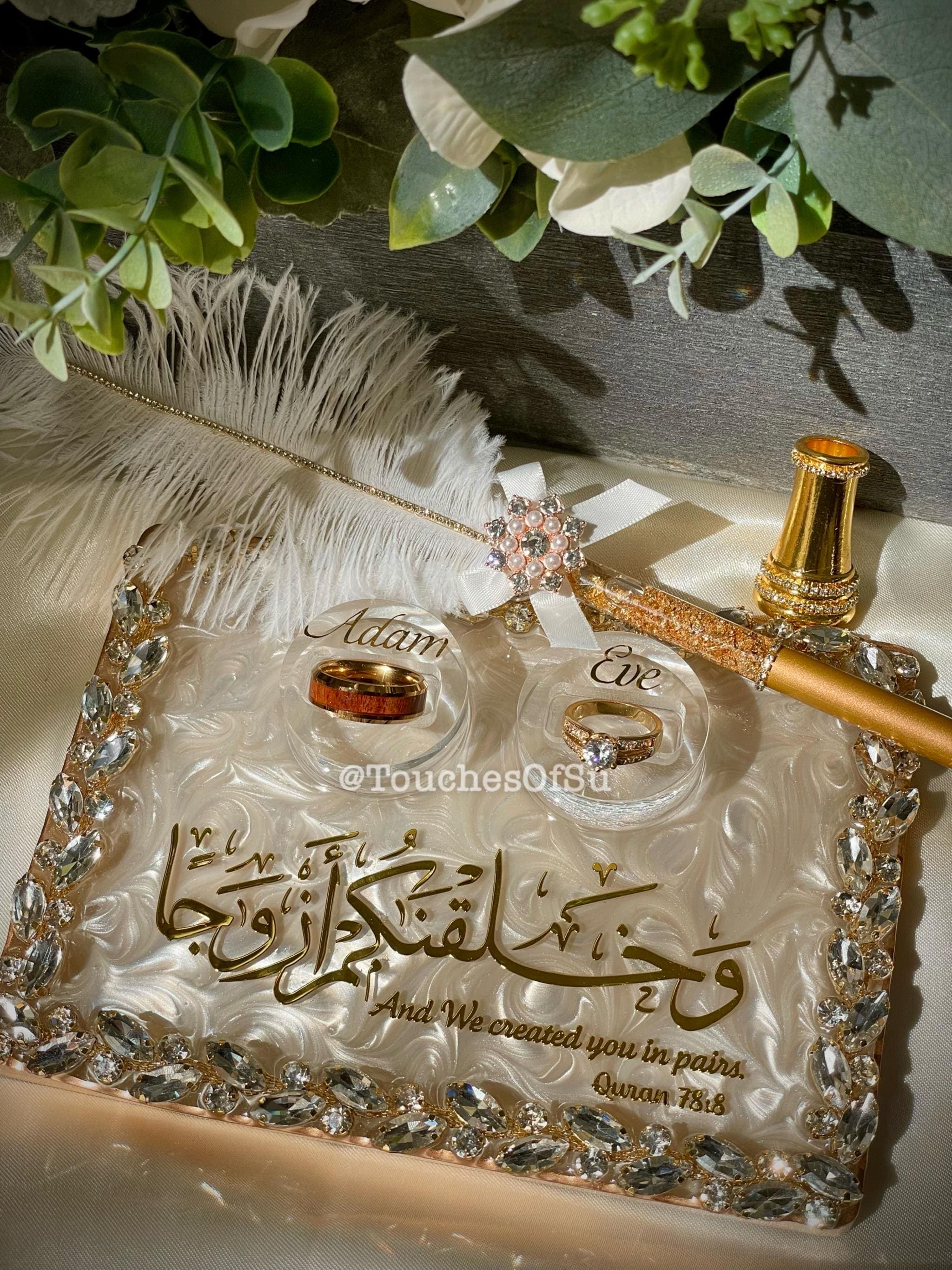 7.5in x 5in Pearl White & Gold Islamic Engagement/ Nikkah Wedding Ring Tray with Customizable Ring Boxes and Pen. Handmade Resin Artwork