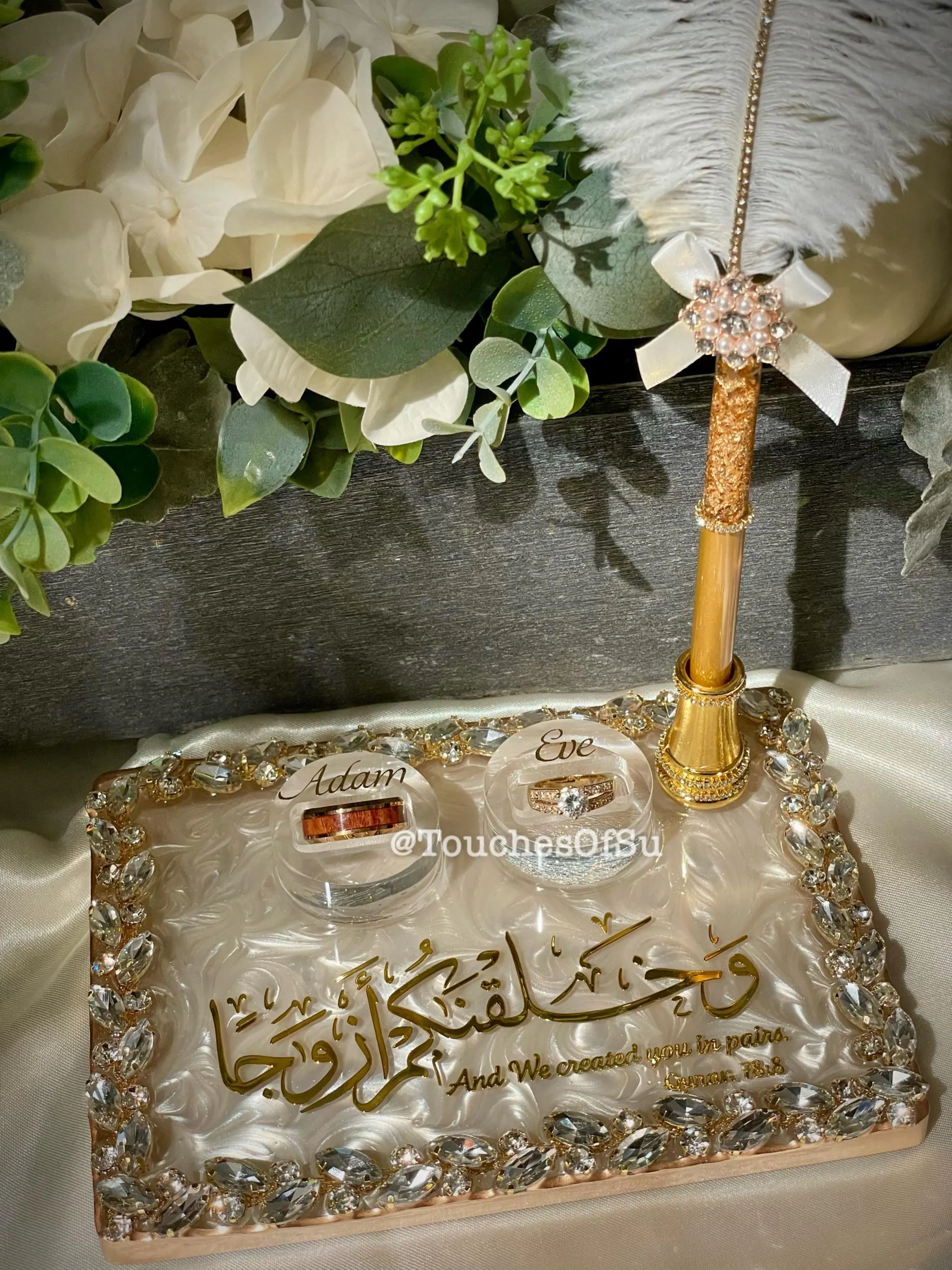 7.5in x 5in Pearl White & Gold Islamic Engagement/ Nikkah Wedding Ring Tray with Customizable Ring Boxes and Pen. Handmade Resin Artwork - image 5