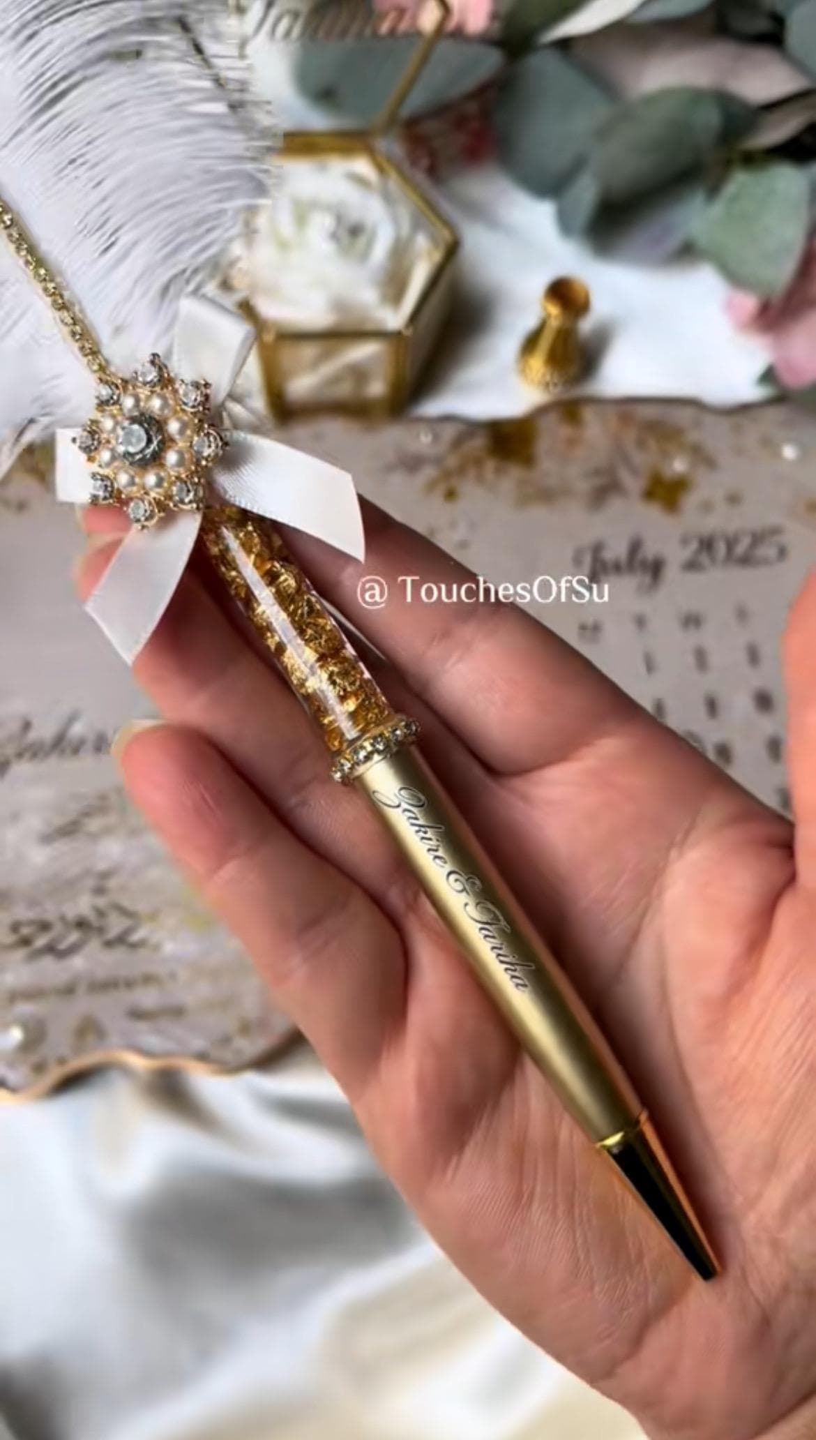 7.5in x 5in Pearl White & Gold Islamic Engagement/ Nikkah Wedding Ring Tray with Customizable Ring Boxes and Pen. Handmade Resin Artwork - image 2
