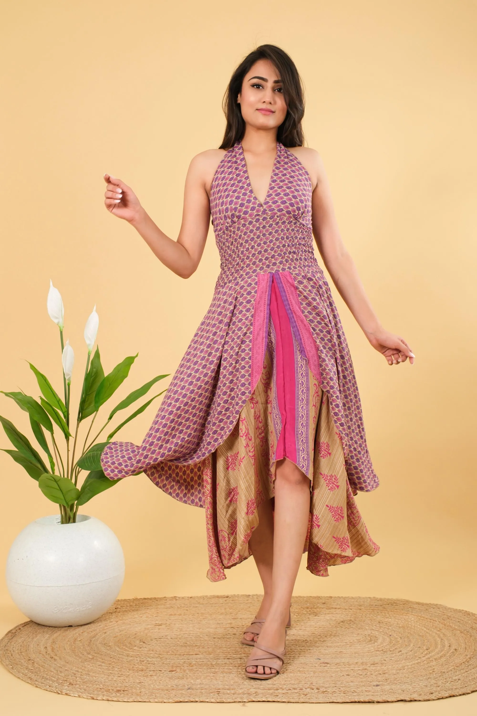 Blue Floral Silk Halter Dress: Boho Beach Tunic