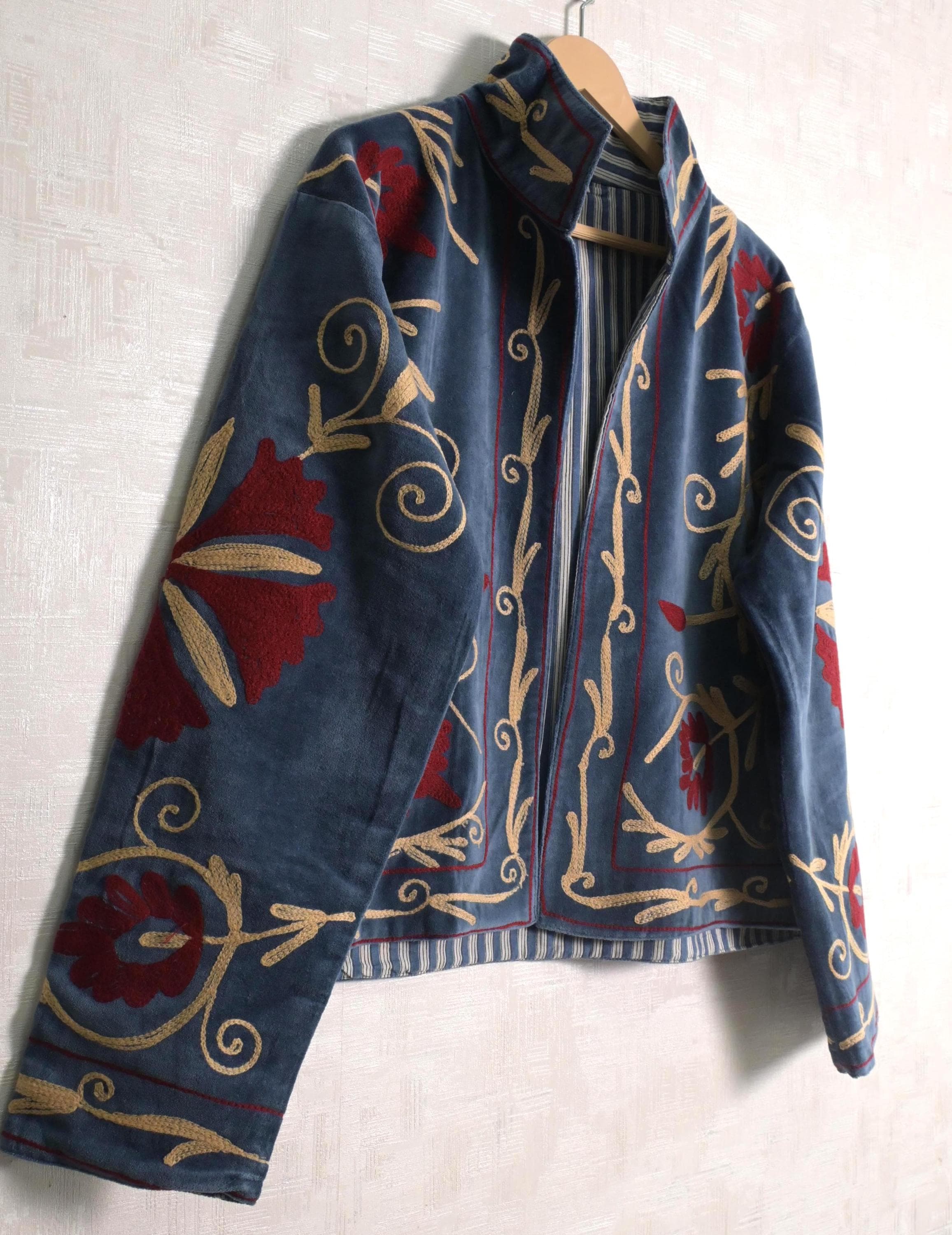 Blue Velvet Suzani Embroidered Women Short Jackets Hippie Long Sleeves Outerwear Winter Boho Coat - image 5