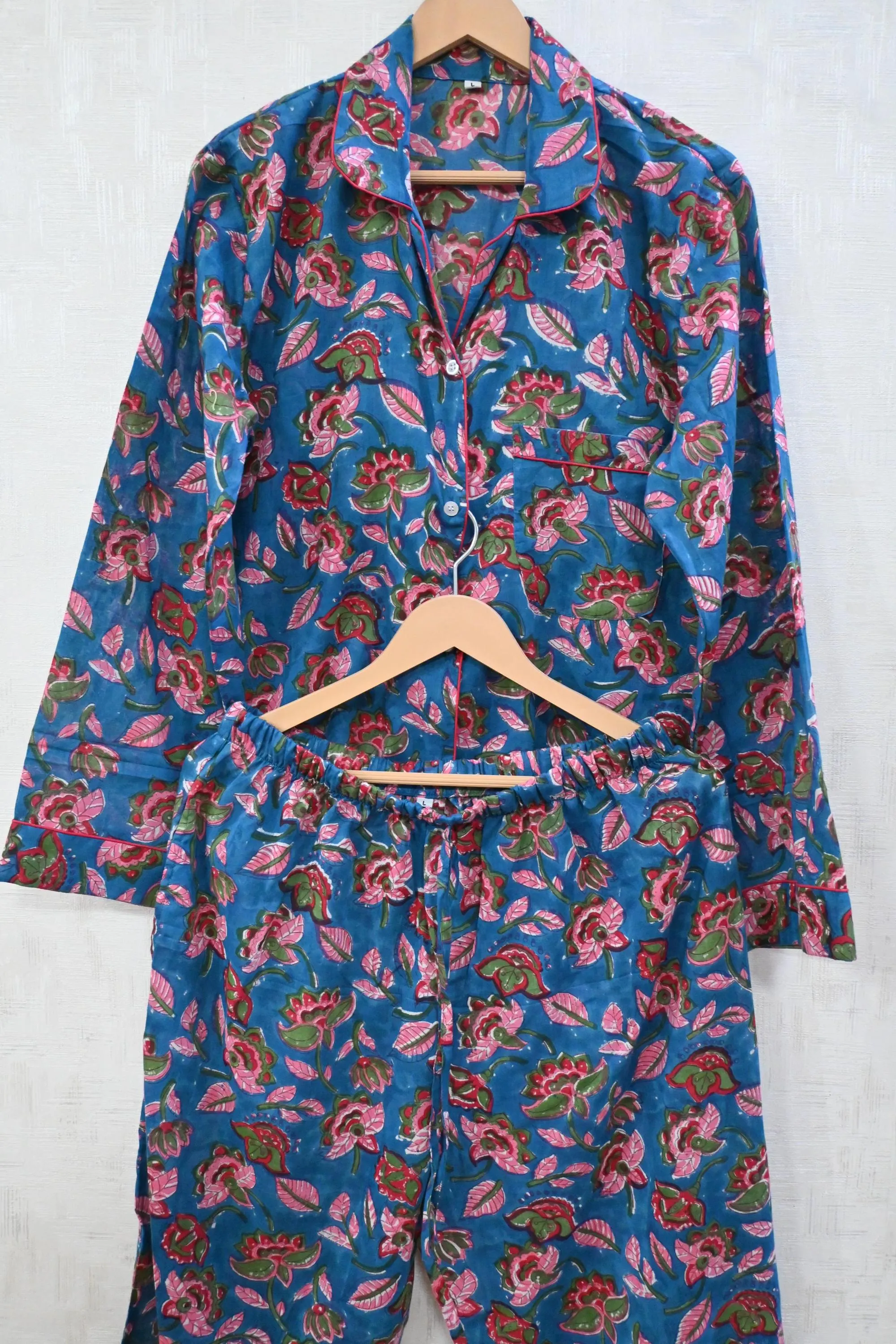 Blue Floral Print Cotton PJ Sets Women Long Sleeves Pyjamas Summer Night Suit Loungewear - image 5