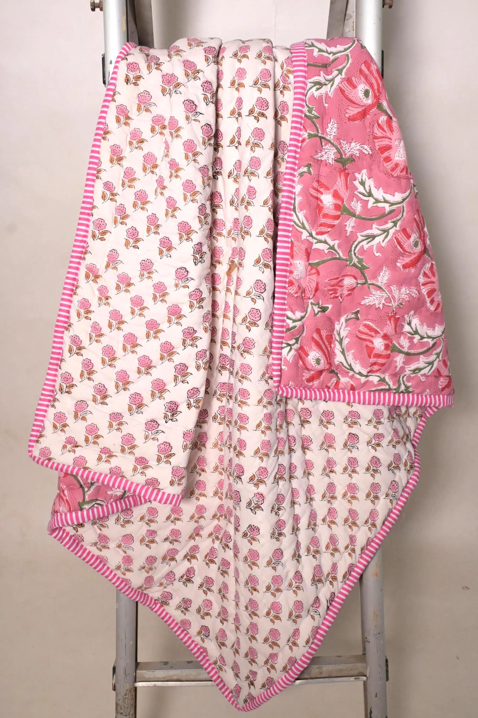 Pink Floral Quilted Kids Blanket Hippie Bohemian Baby Dohar Reversible Toddlers Quilte Gift For Her - image 4