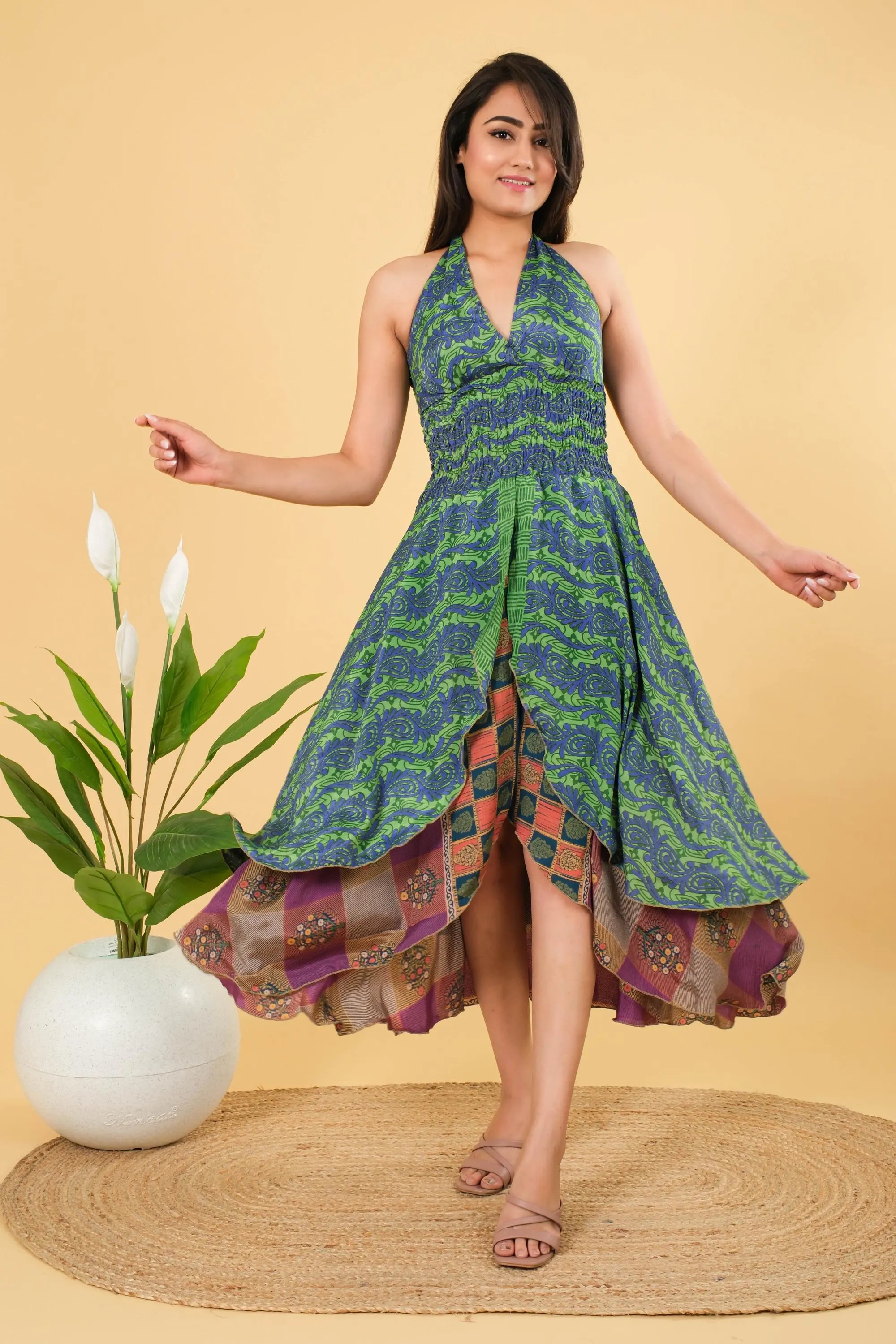 Indian Silk Halter Dress: Recycled Sari Boho Tunic