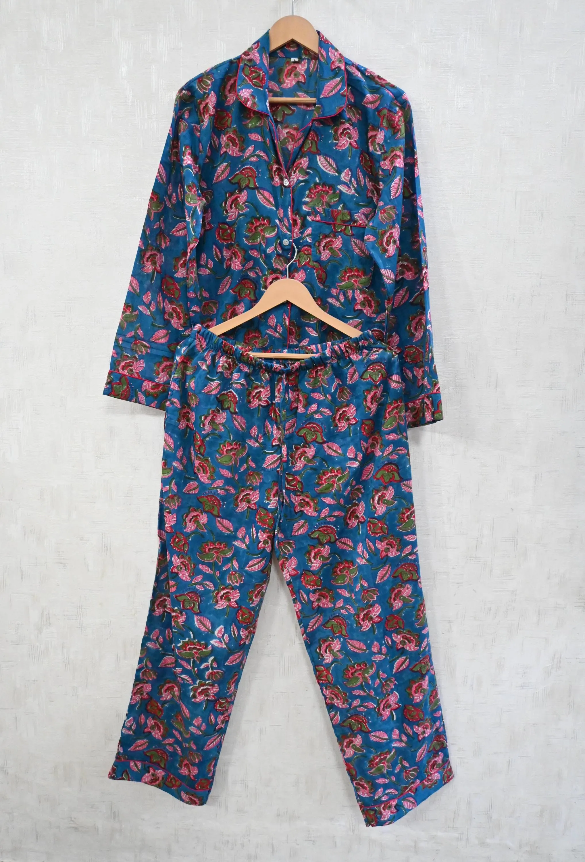 Blue Floral Print Cotton PJ Sets Women Long Sleeves Pyjamas Summer Night Suit Loungewear - image 3