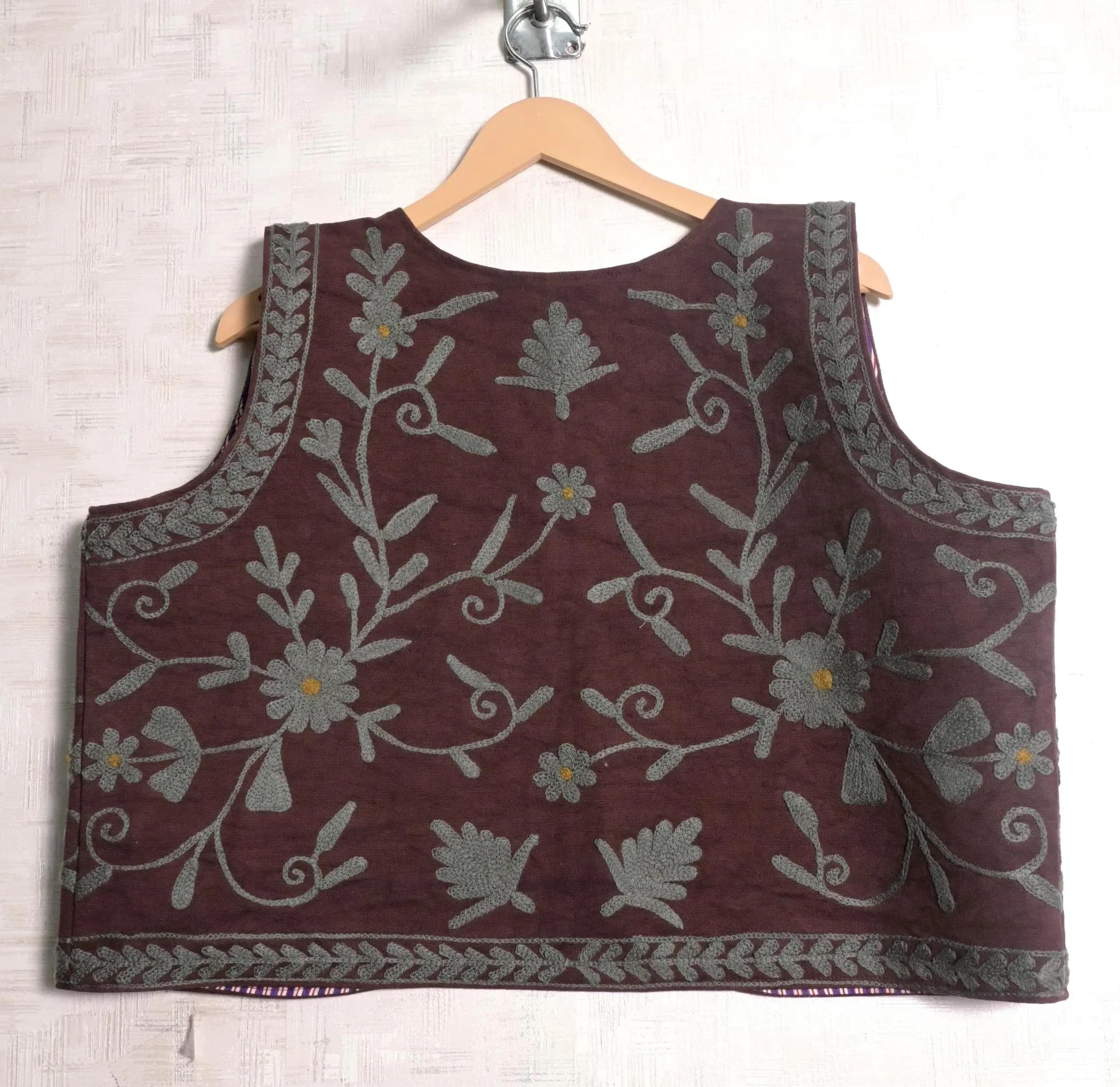 Brown Cotton Suzani Embroidered Women Vest Floral Embroidered Waistcoat Sleeveless Short Casual Jackets - image 5