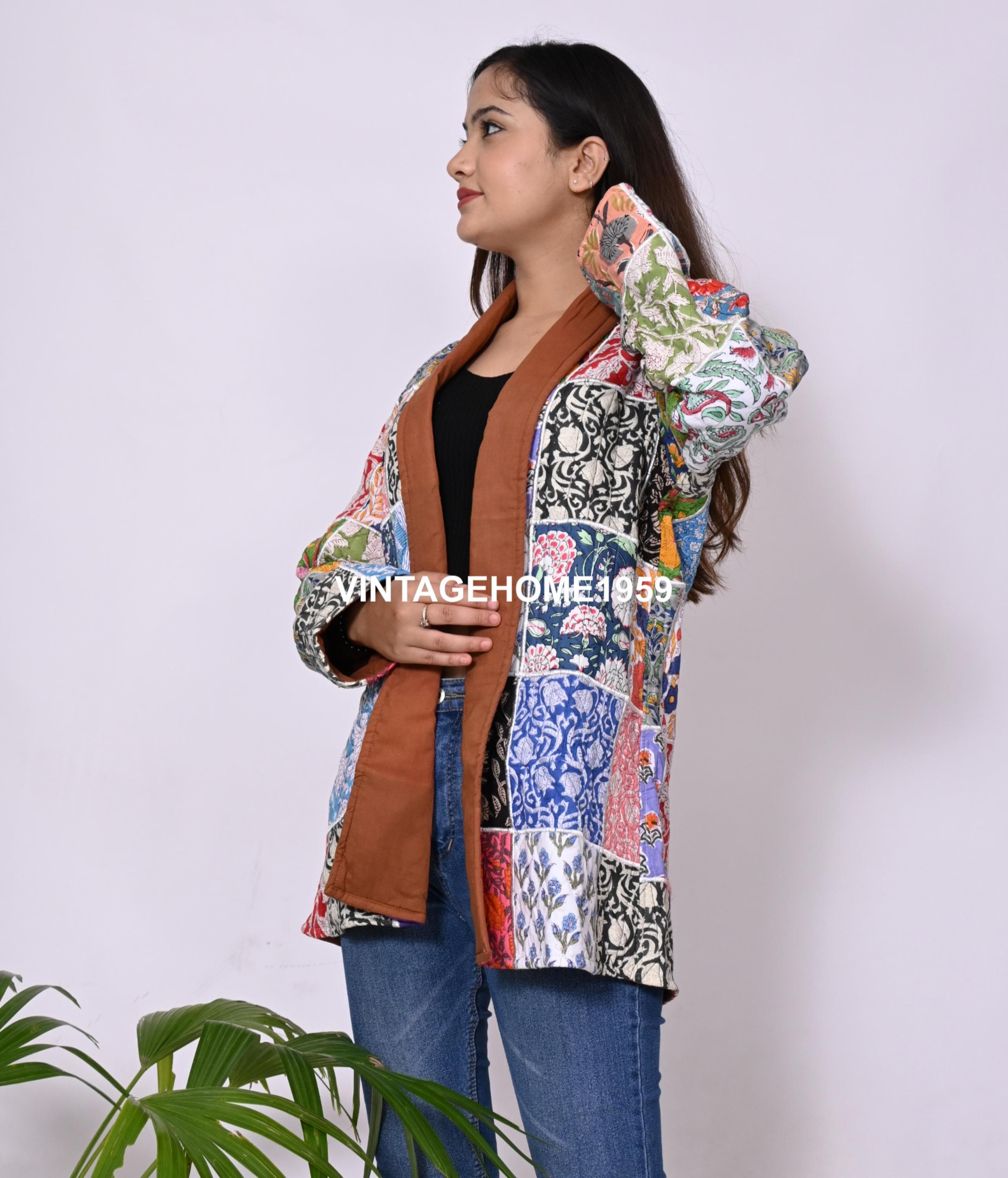 Patchwork Cotton Quilted Jacket: Multicolor Boho Hippie Coat, Free Size - image 4