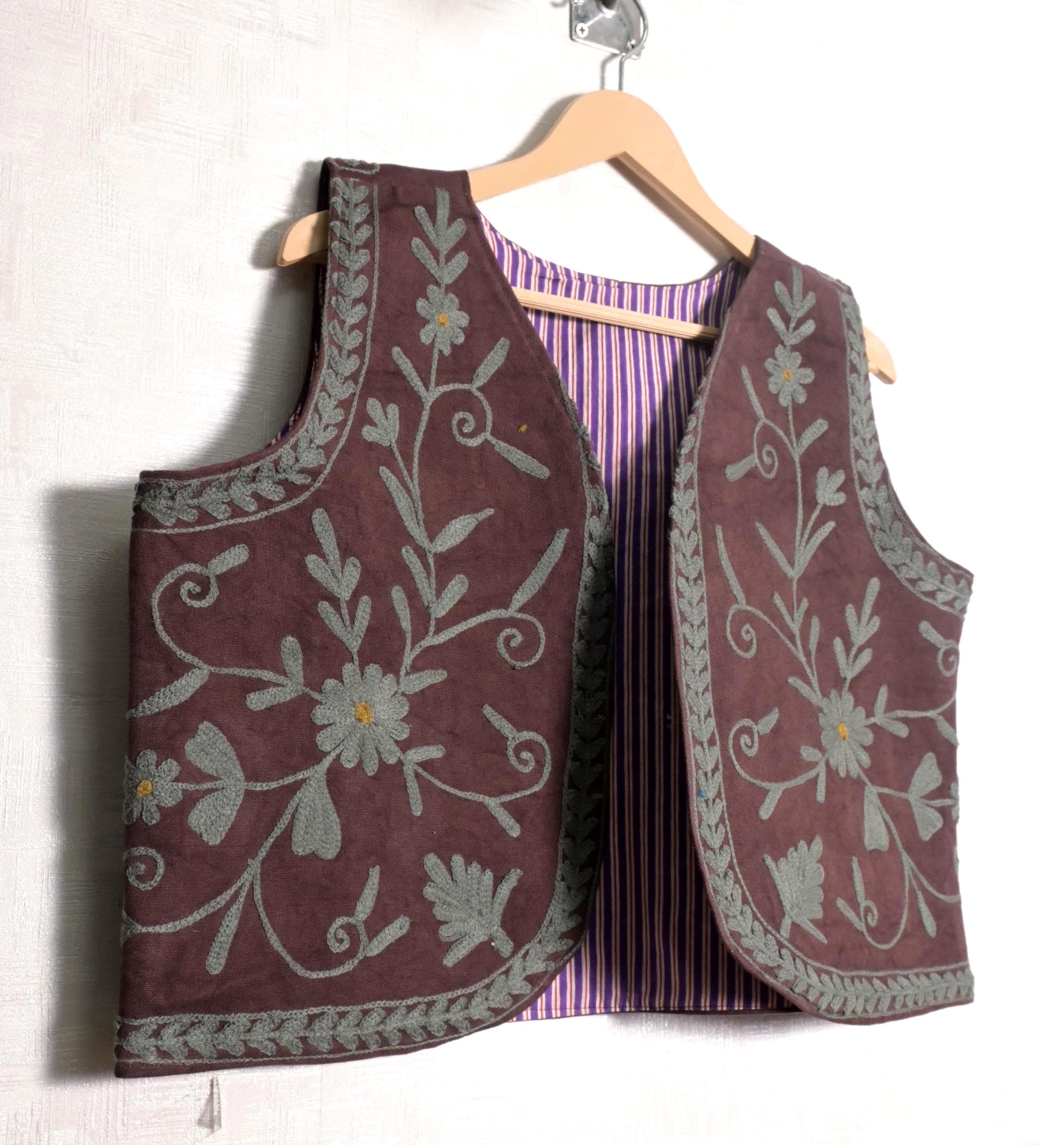 Brown Cotton Suzani Embroidered Women Vest Floral Embroidered Waistcoat Sleeveless Short Casual Jackets - image 4