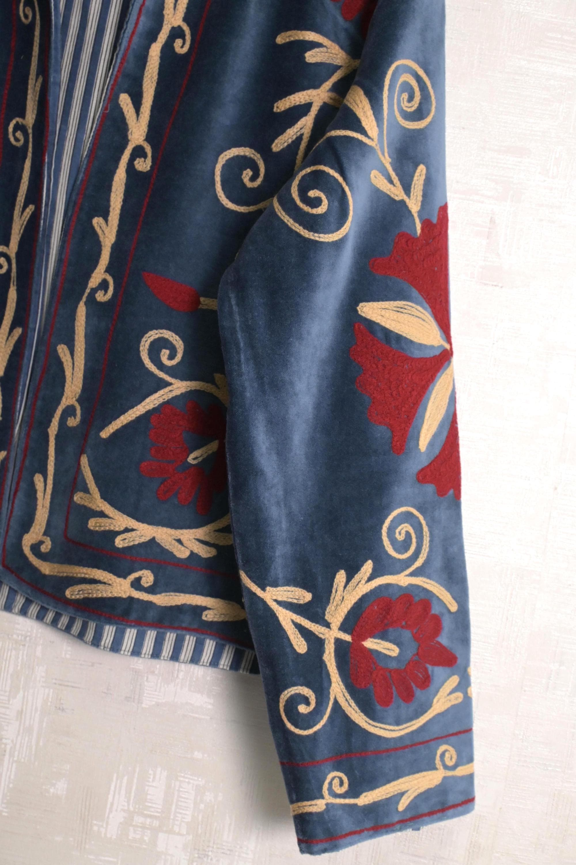 Blue Velvet Suzani Embroidered Women Short Jackets Hippie Long Sleeves Outerwear Winter Boho Coat - image 4