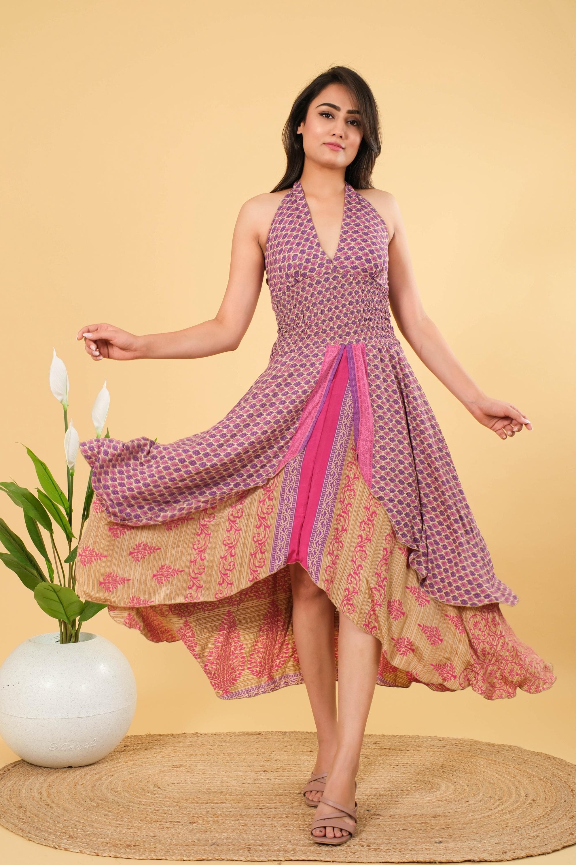 Blue Floral Silk Halter Dress: Boho Beach Tunic - image 5