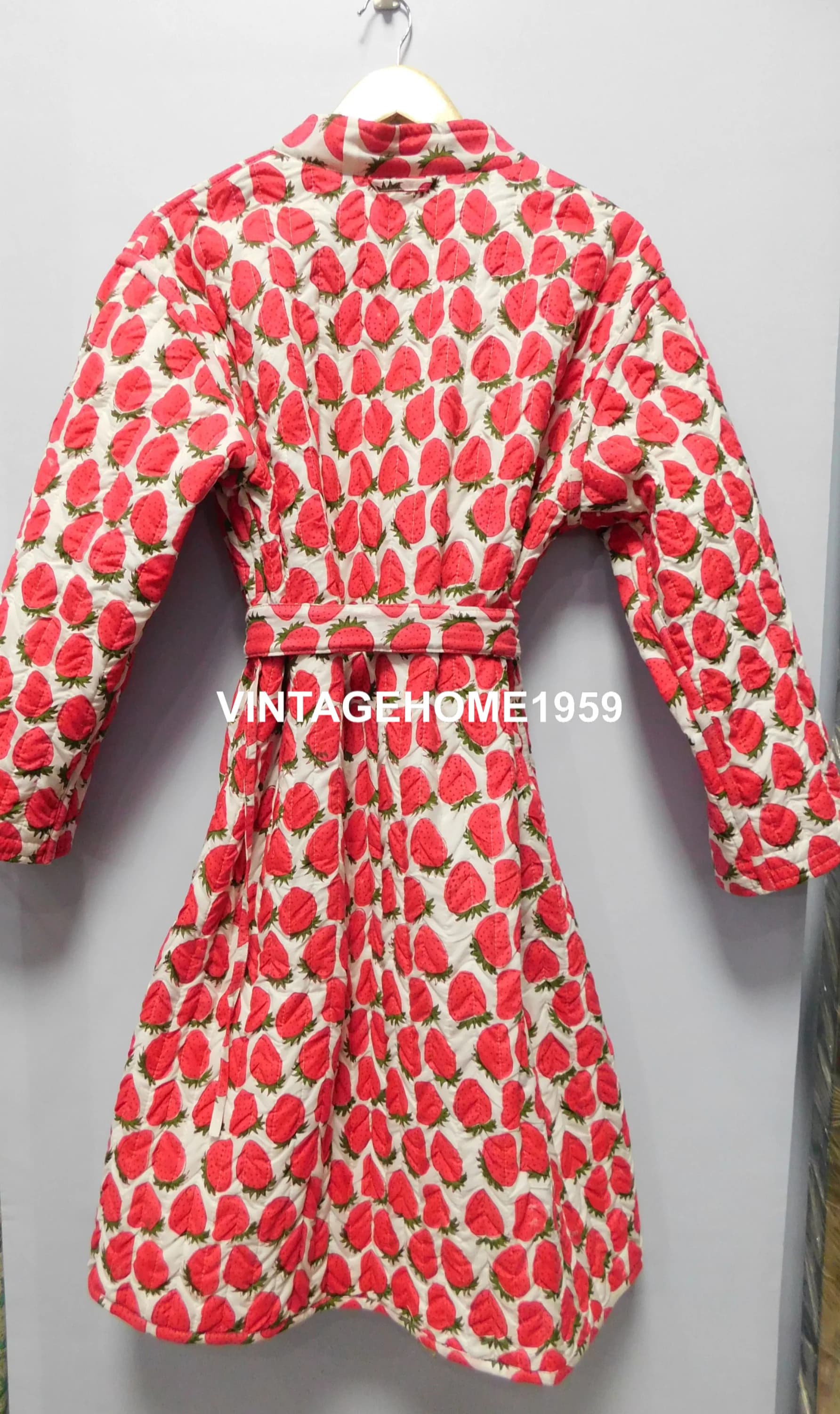 Strawberry Print Cotton Quilted Robe: Reversible Block Printed Kimono - image 3