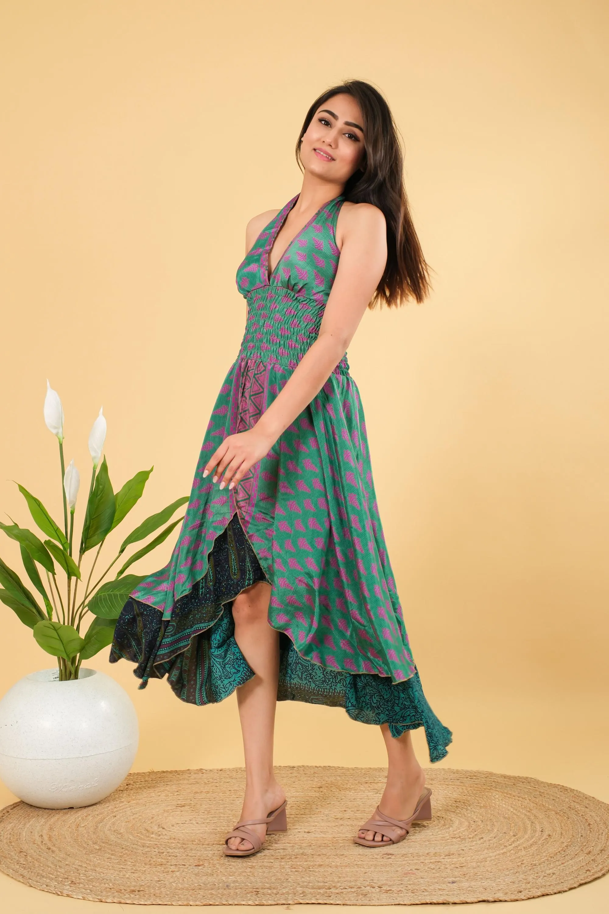 Vintage Silk Halter Dress: Backless Party Tunic, Free Size - image 5