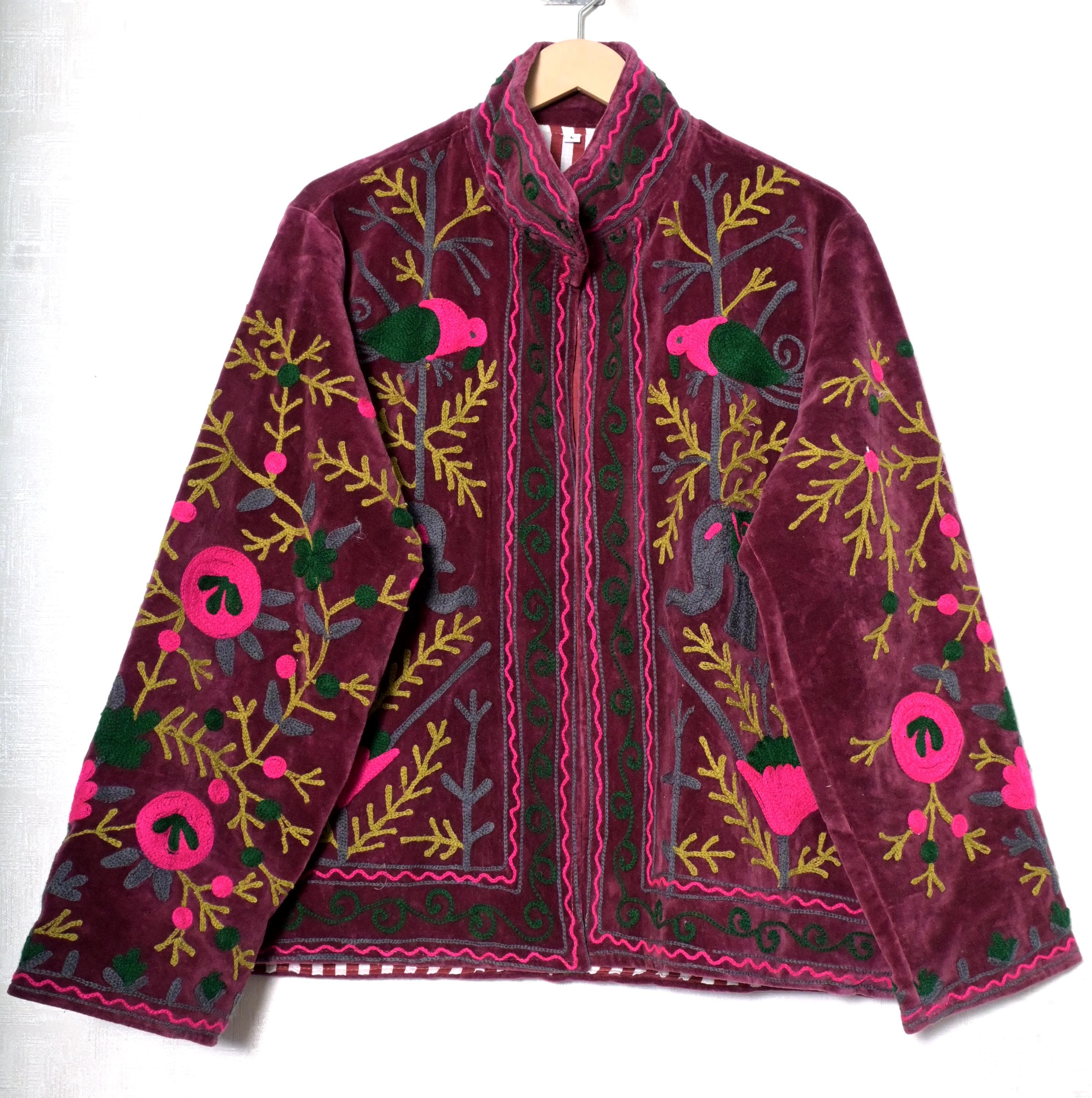 Pink Velvet Suzani Women Embroidered Casual Jackets Hippie Long Sleeves Partywear Jackets Gift For Her
