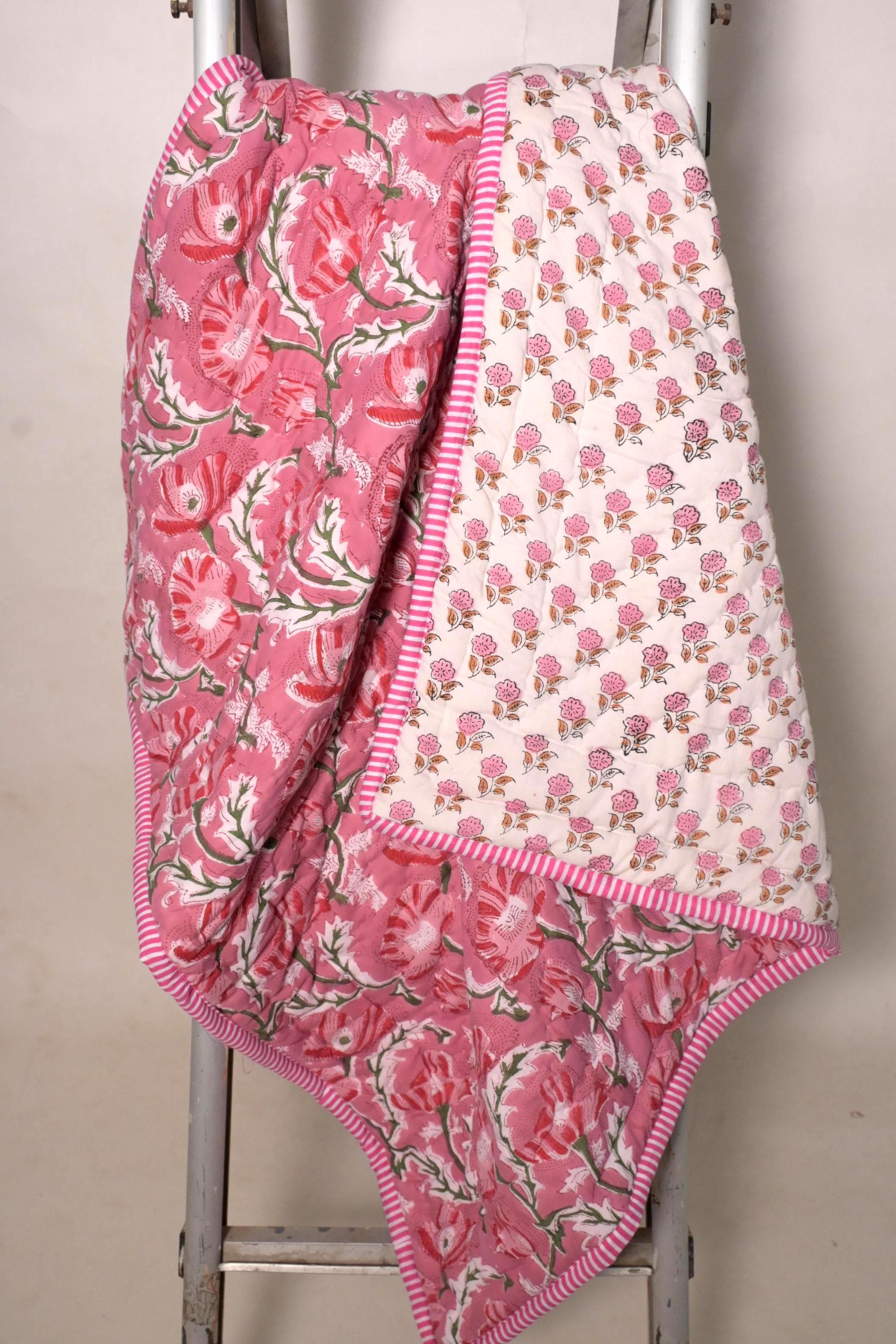 Pink Floral Quilted Kids Blanket Hippie Bohemian Baby Dohar Reversible Toddlers Quilte Gift For Her - image 3