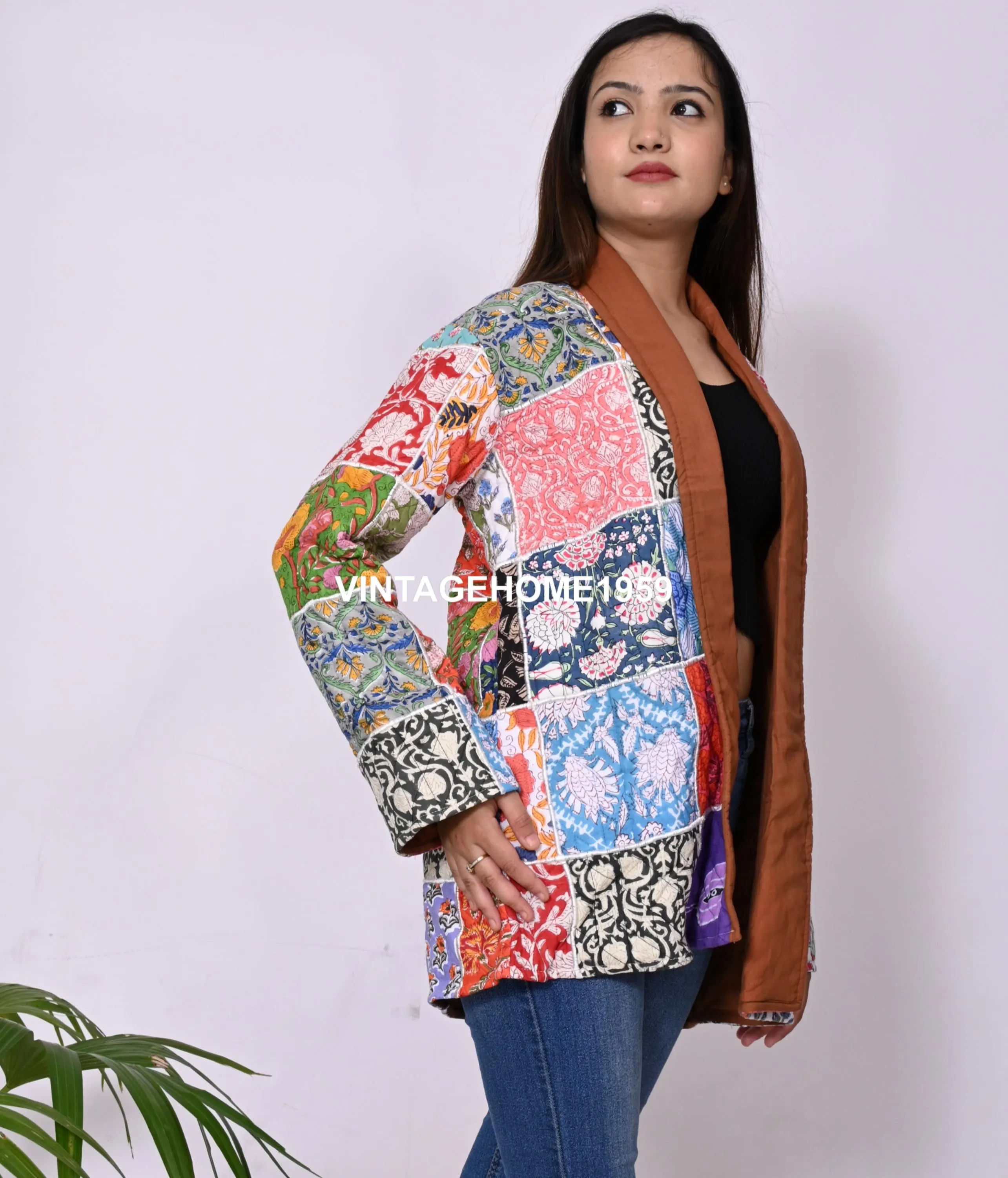 Patchwork Cotton Quilted Jacket: Multicolor Boho Hippie Coat, Free Size - image 3