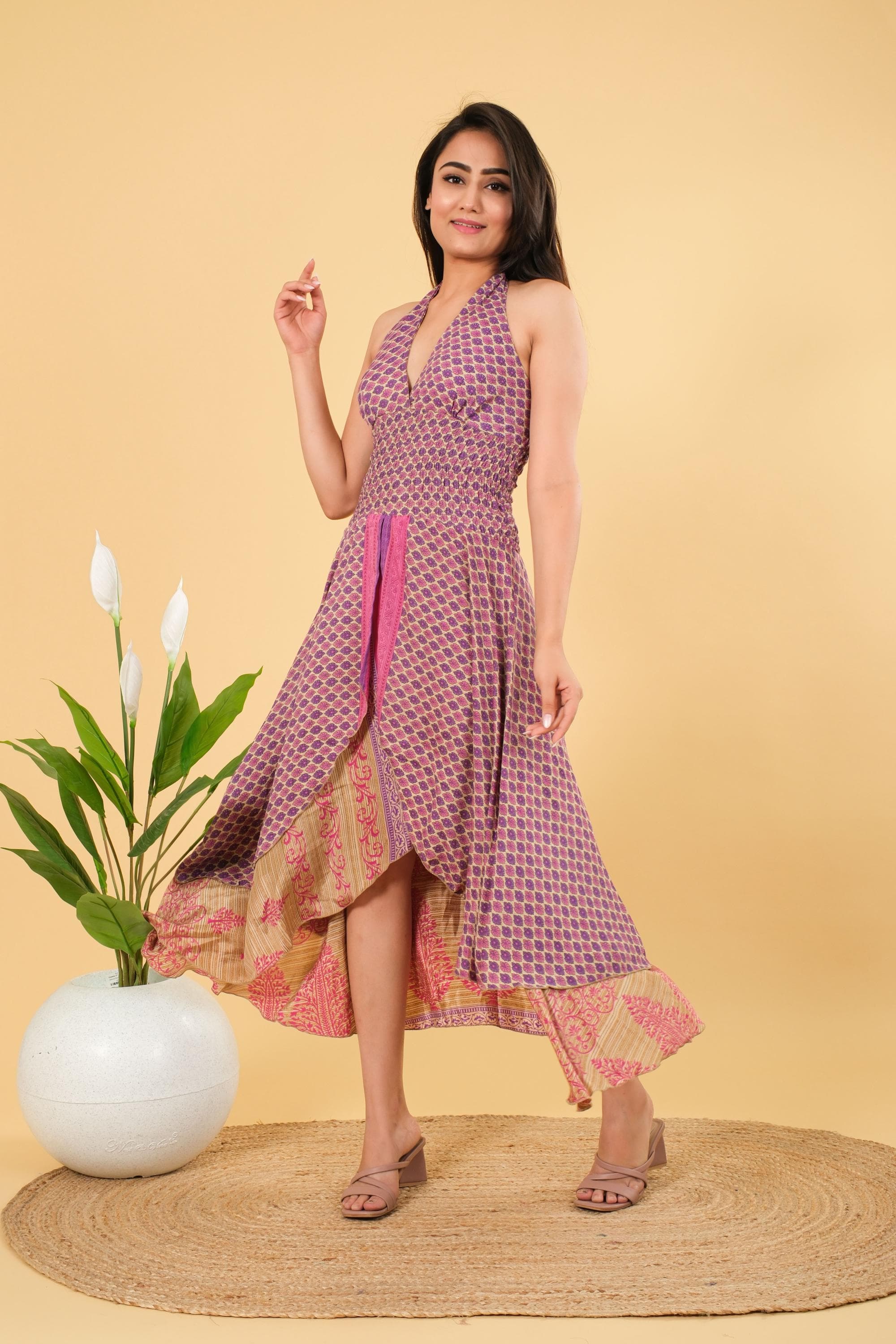 Blue Floral Silk Halter Dress: Boho Beach Tunic - image 4