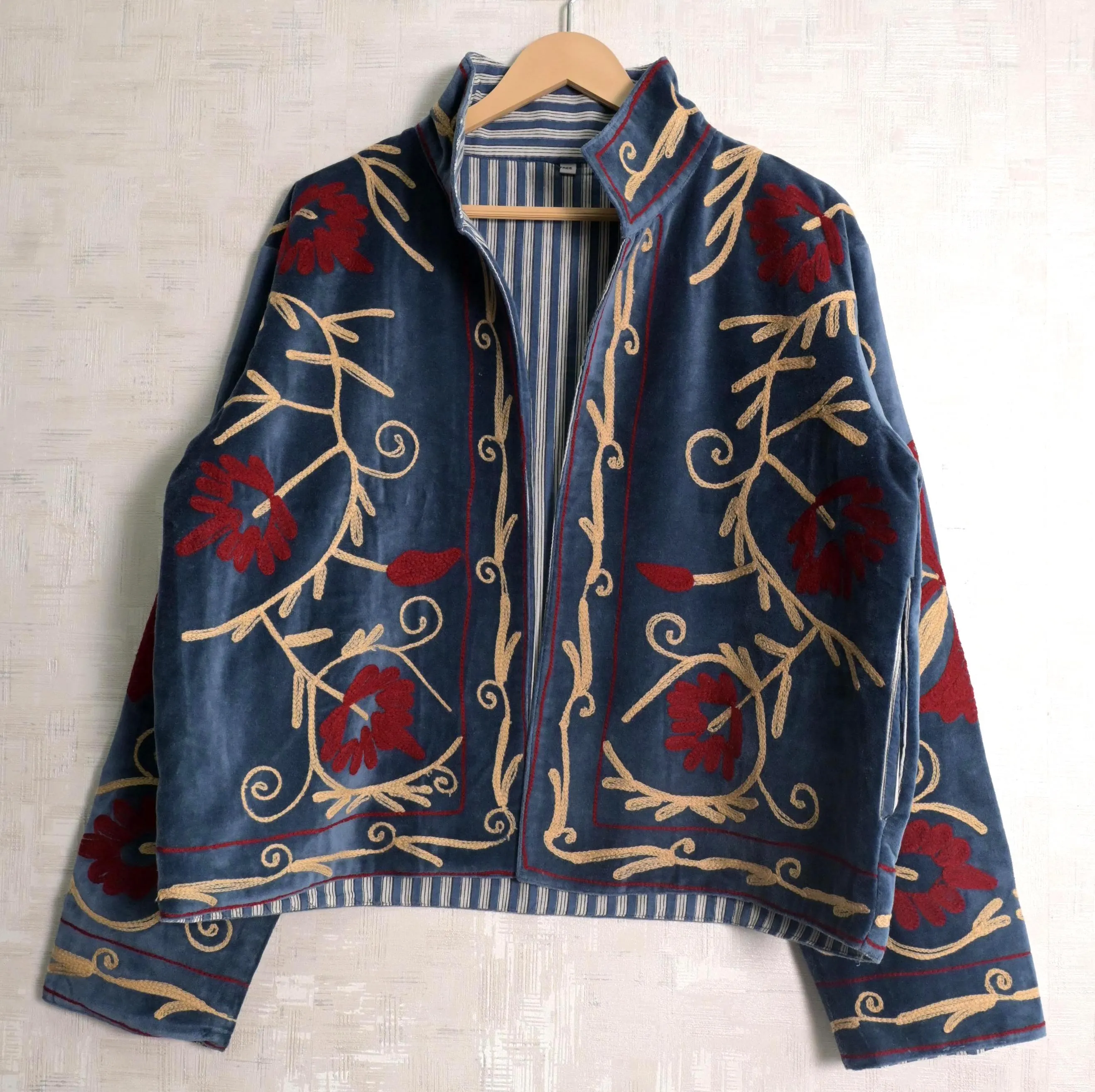 Blue Velvet Suzani Embroidered Women Short Jackets Hippie Long Sleeves Outerwear Winter Boho Coat - image 3
